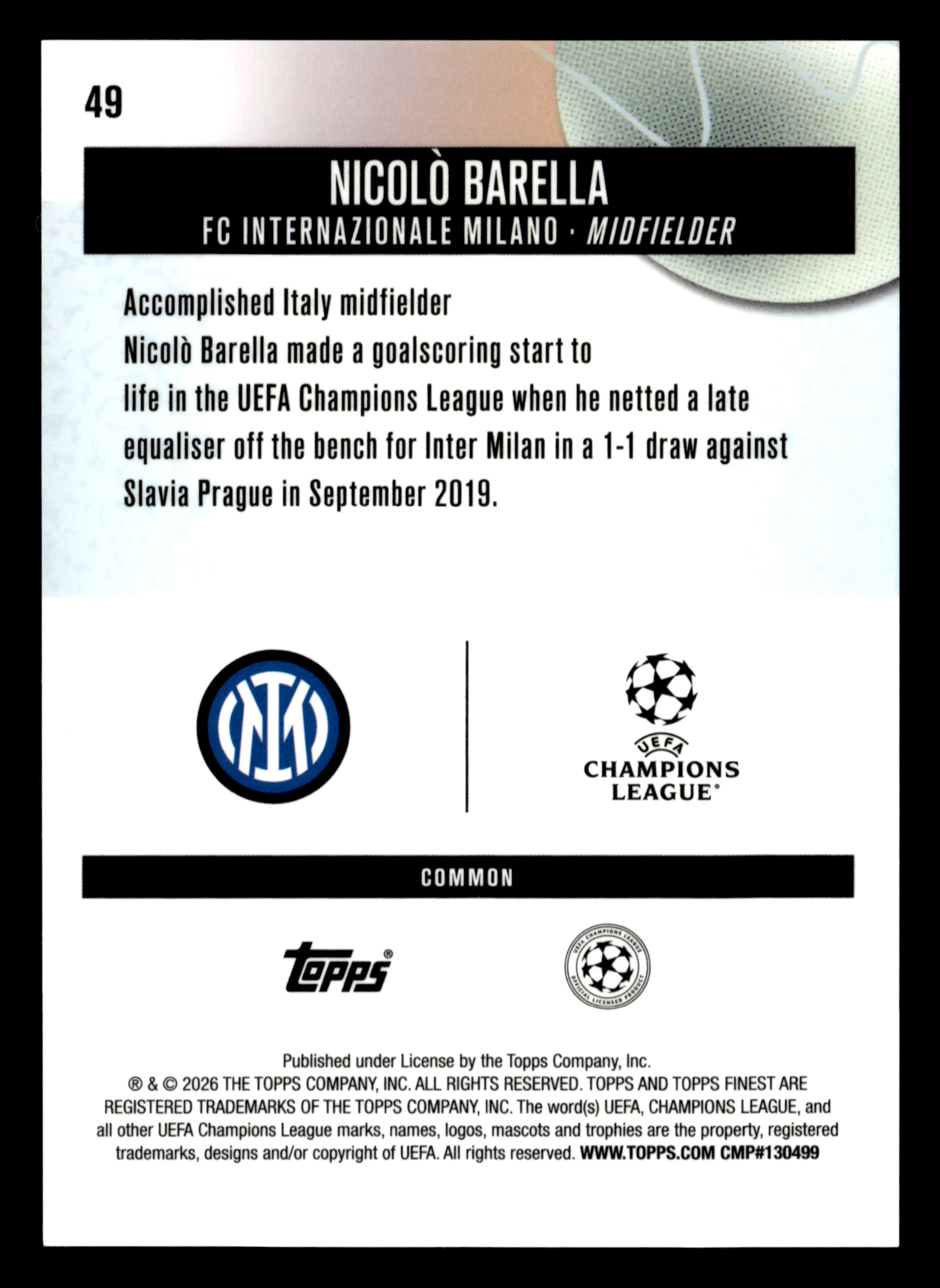 2025-26 Finest UCC #49 Nicolò Barella Purple Checkerboard Refractor #/150