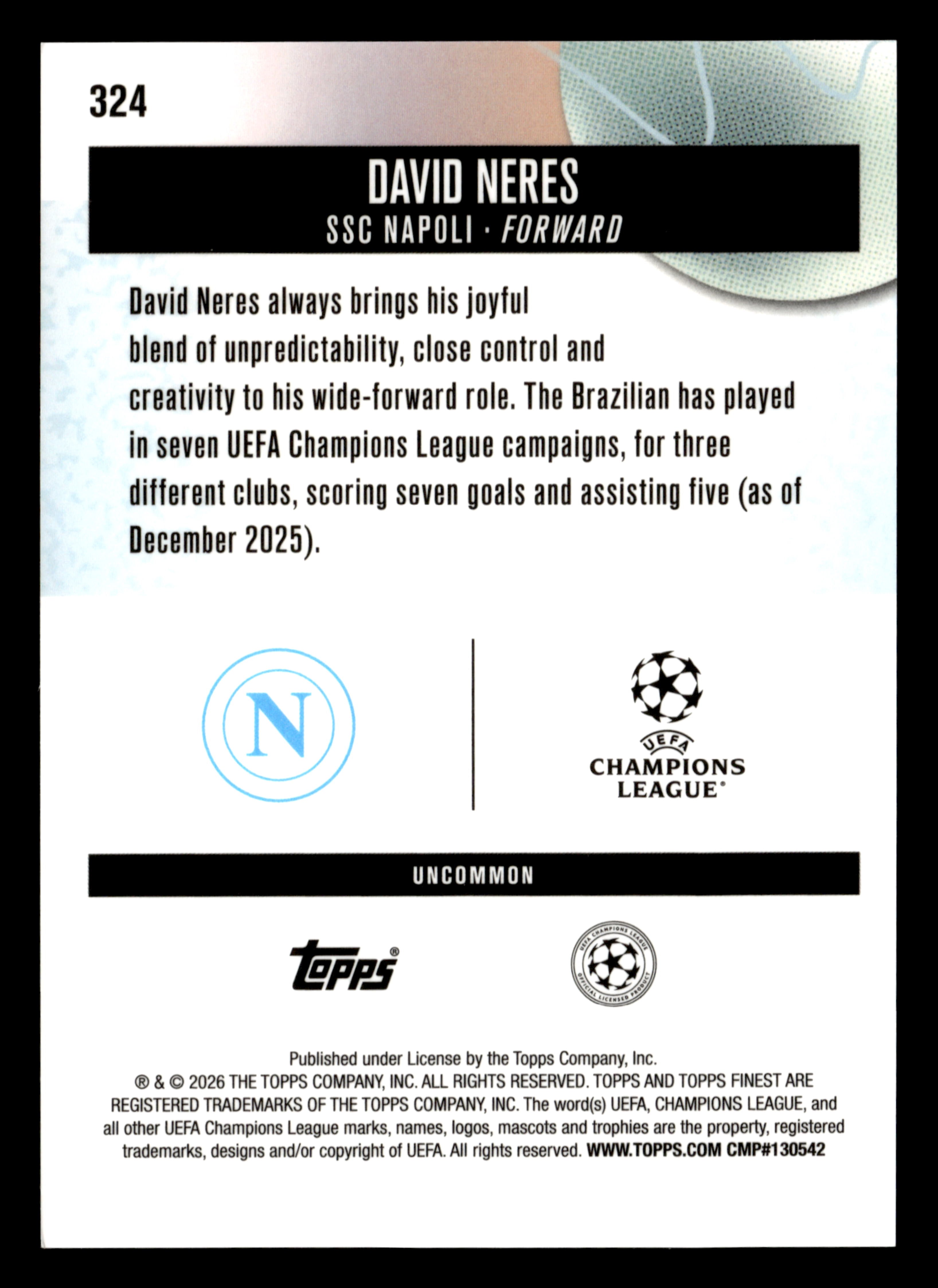 2025-26 Finest UEFA Club Competitions #324 David Neres Blue Refractor #/150