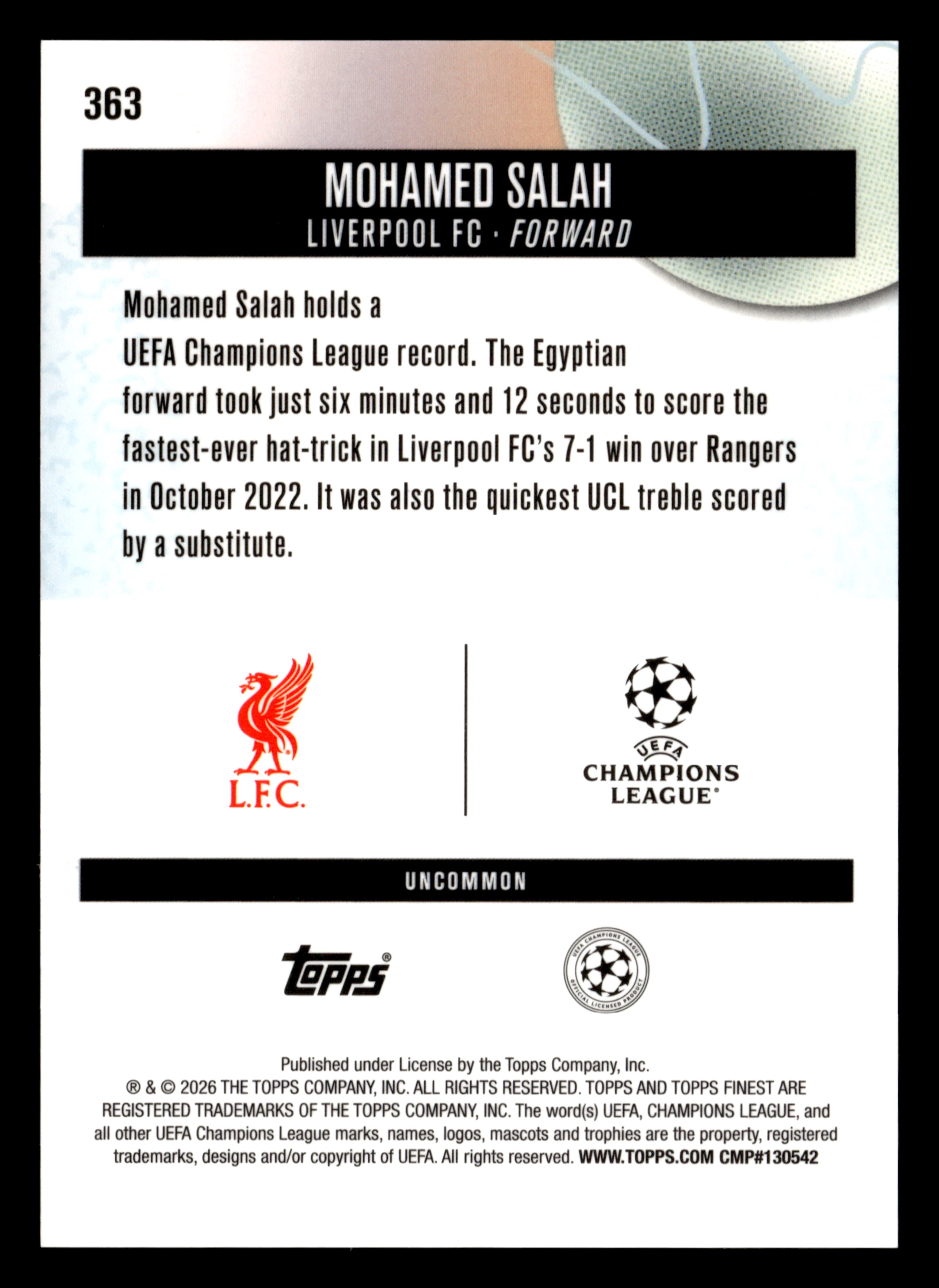 2025-26 Finest UCC #363 Mohamed Salah Purple Checkerboard Refractor #/99