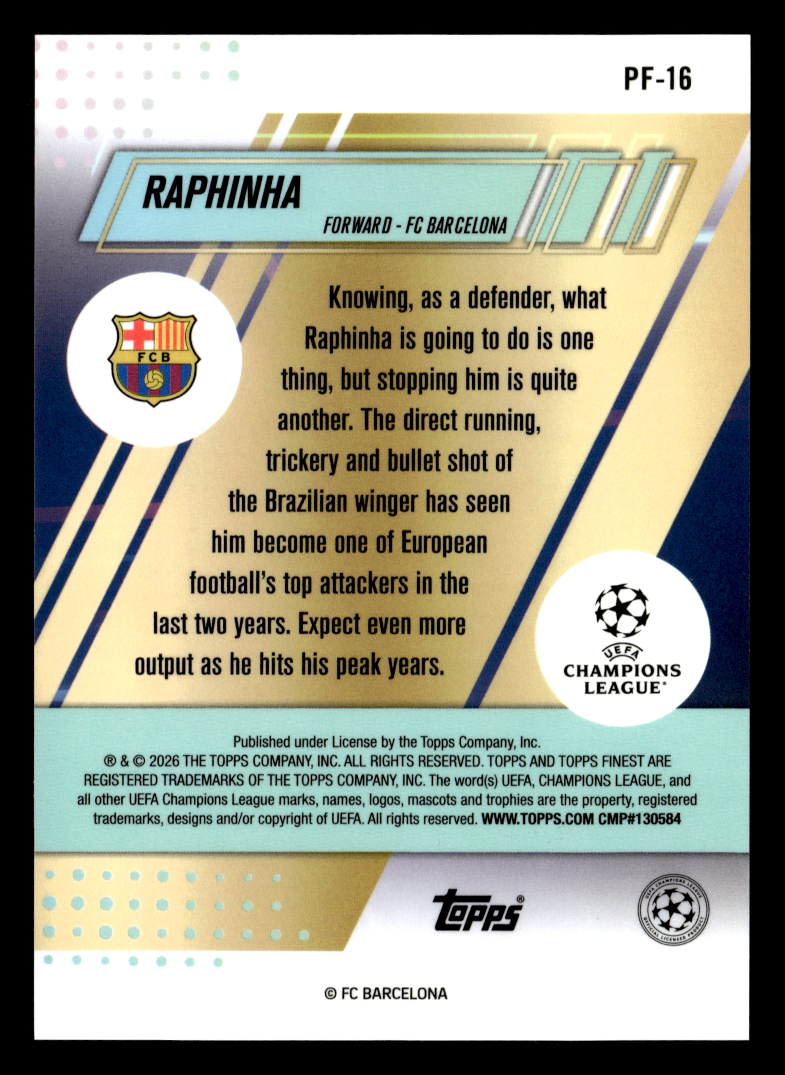 2025-26 Finest UCC #PF-16 Raphinha Prized Footballers Aqua Refractor #/199