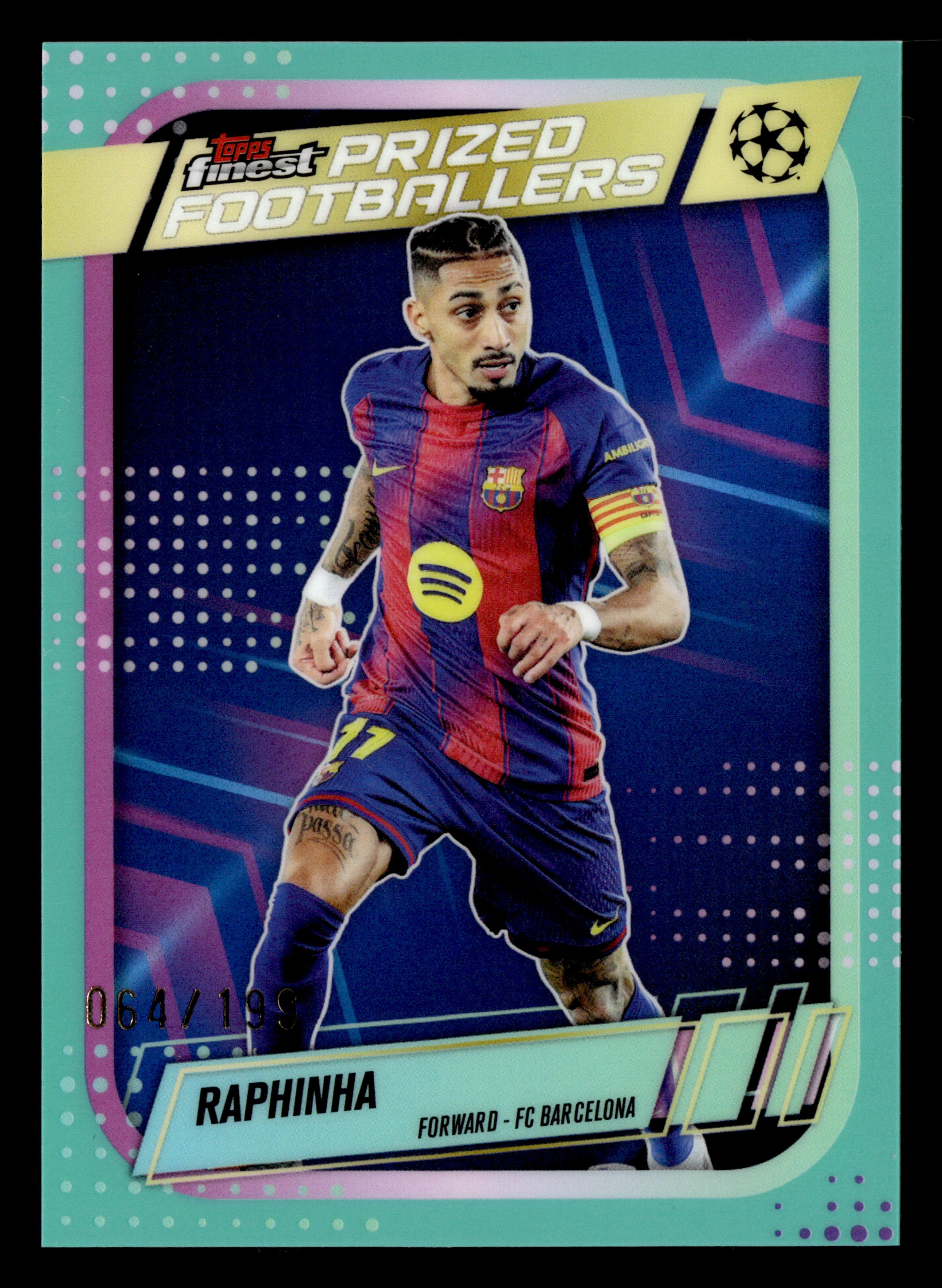 2025-26 Finest UCC #PF-16 Raphinha Prized Footballers Aqua Refractor #/199