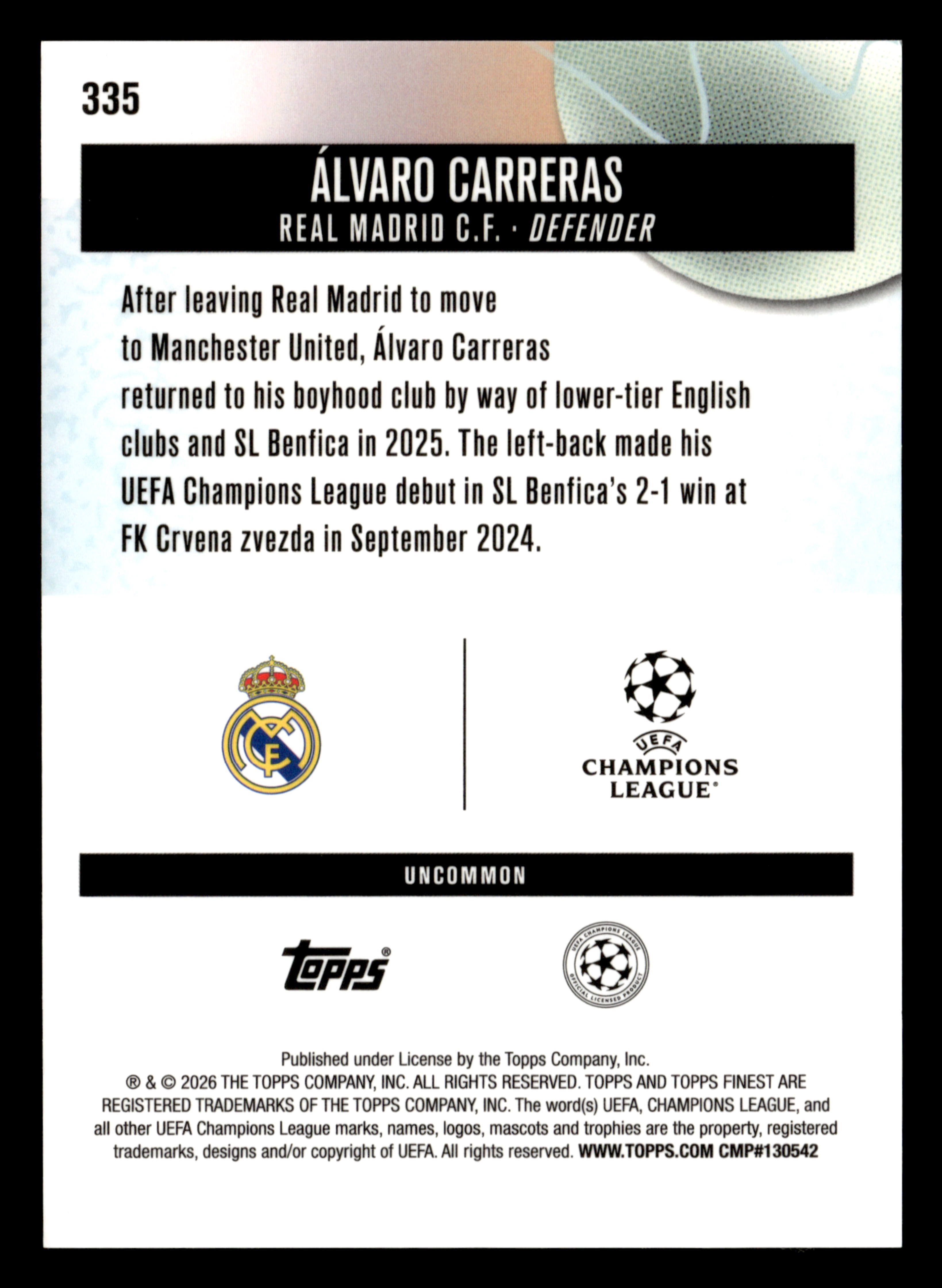 2025-26 Finest UEFA Club Competitions #335 Álvaro Carreras Blue Refractor #/150