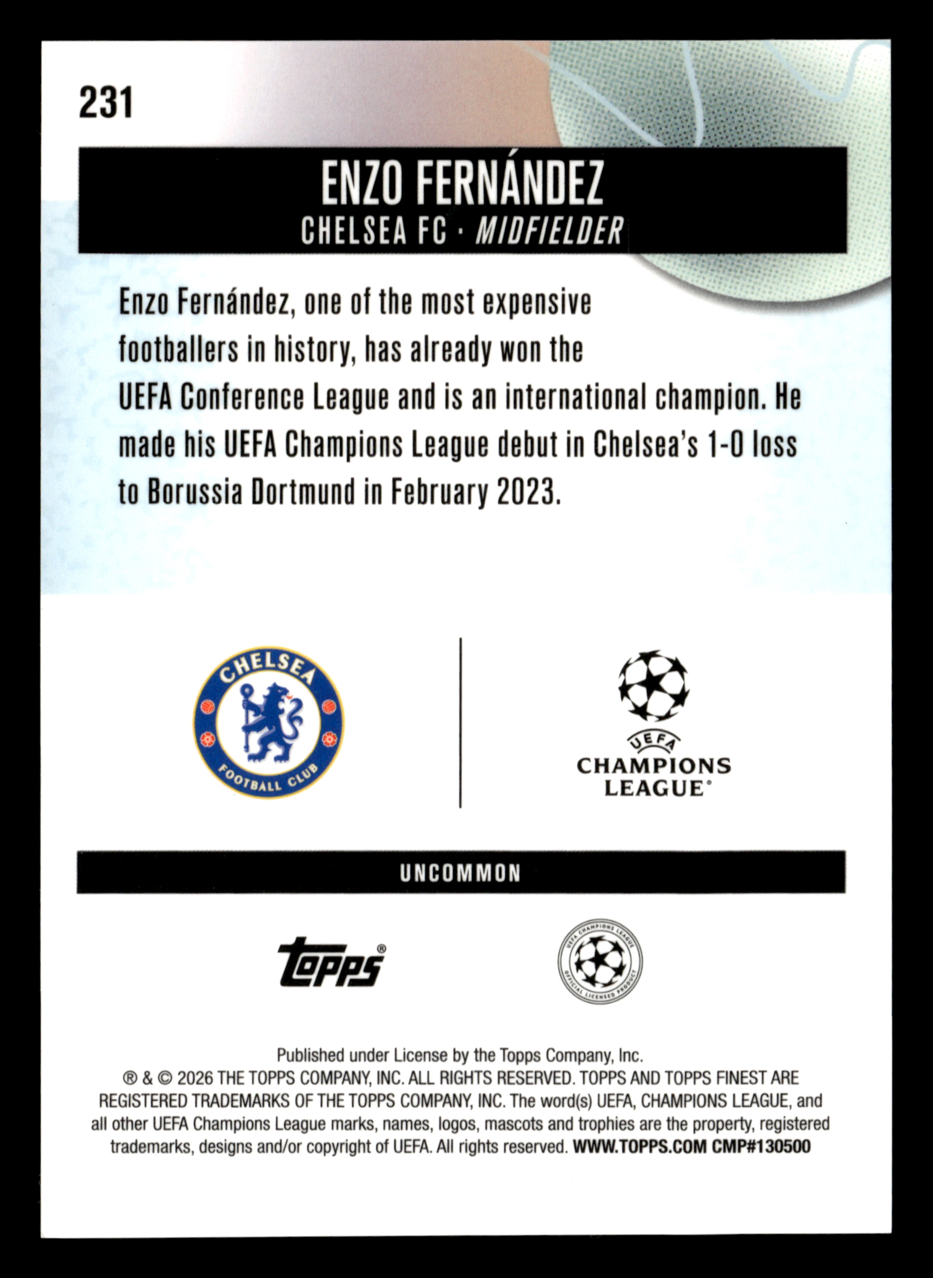 2025-26 Finest UEFA Club Competitions #231 Enzo Fernández Gold Refractor #/25