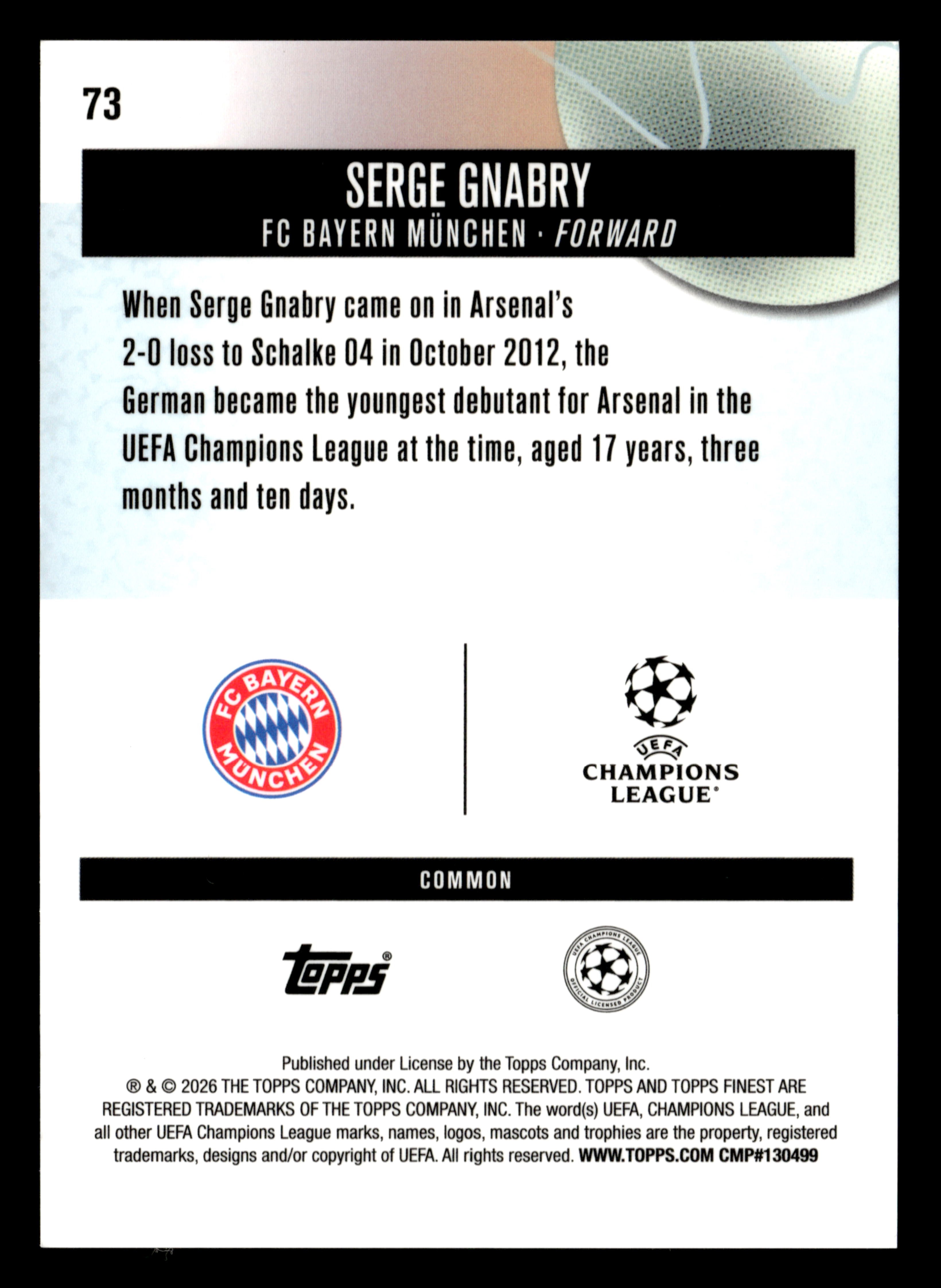 2025-26 Finest UCC #73 Serge Gnabry Purple Checkerboard Refractor #/150