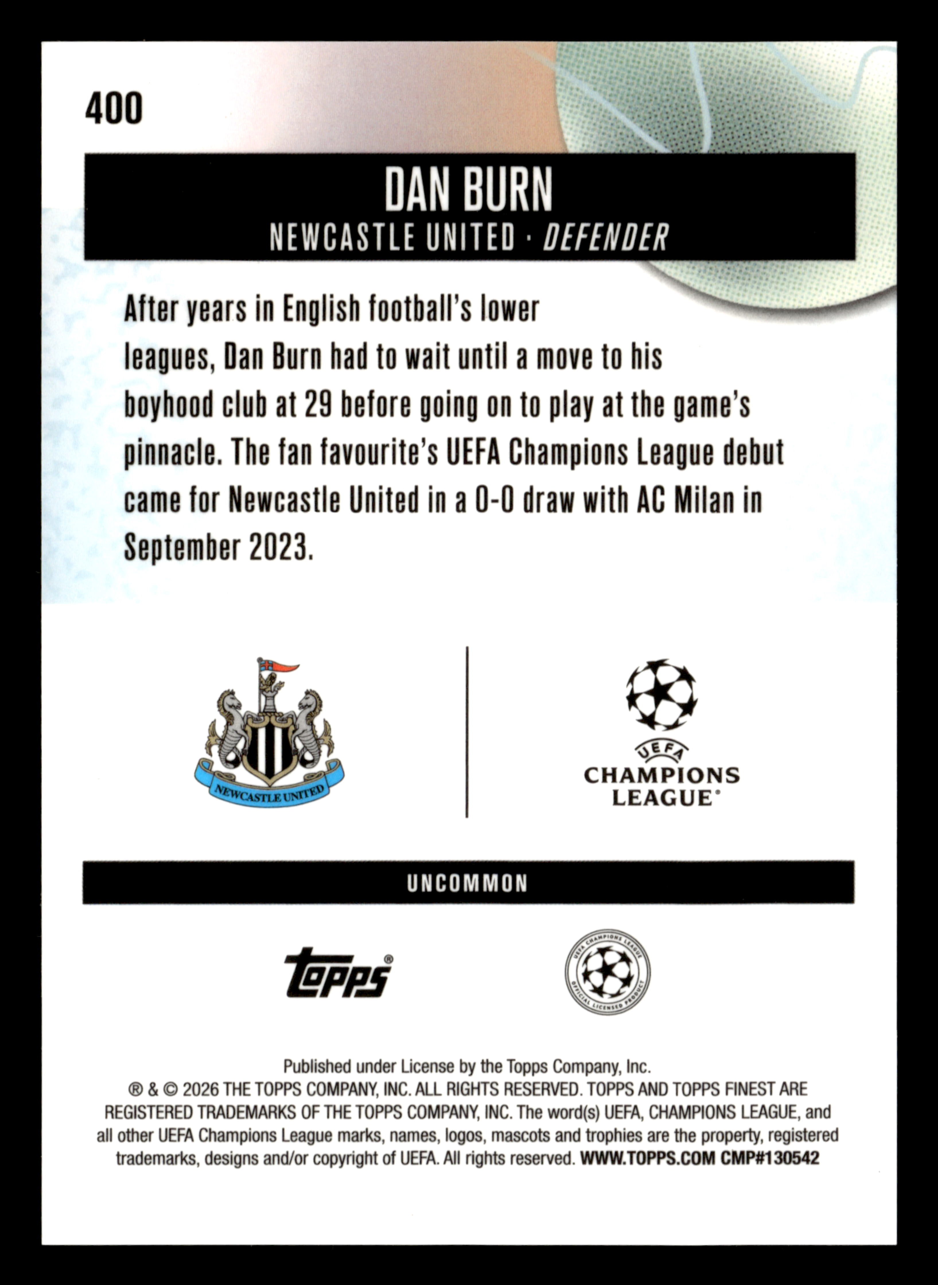2025-26 Finest UEFA Club Competitions #400 Dan Burn Orange Refractor #/20