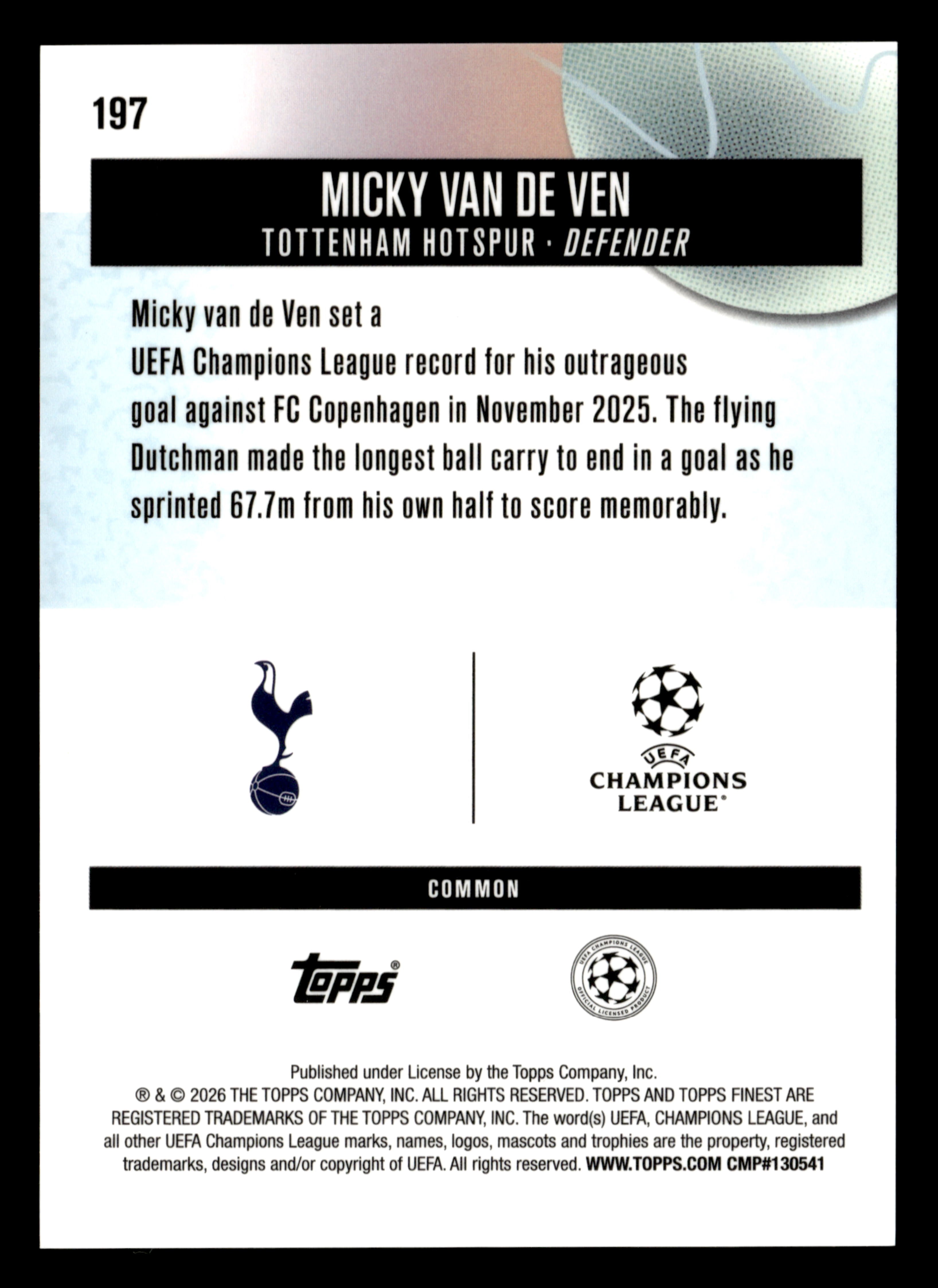 2025-26 Finest UEFA Club Competitions #197 Micky van de Ven Gold Refractor #/50