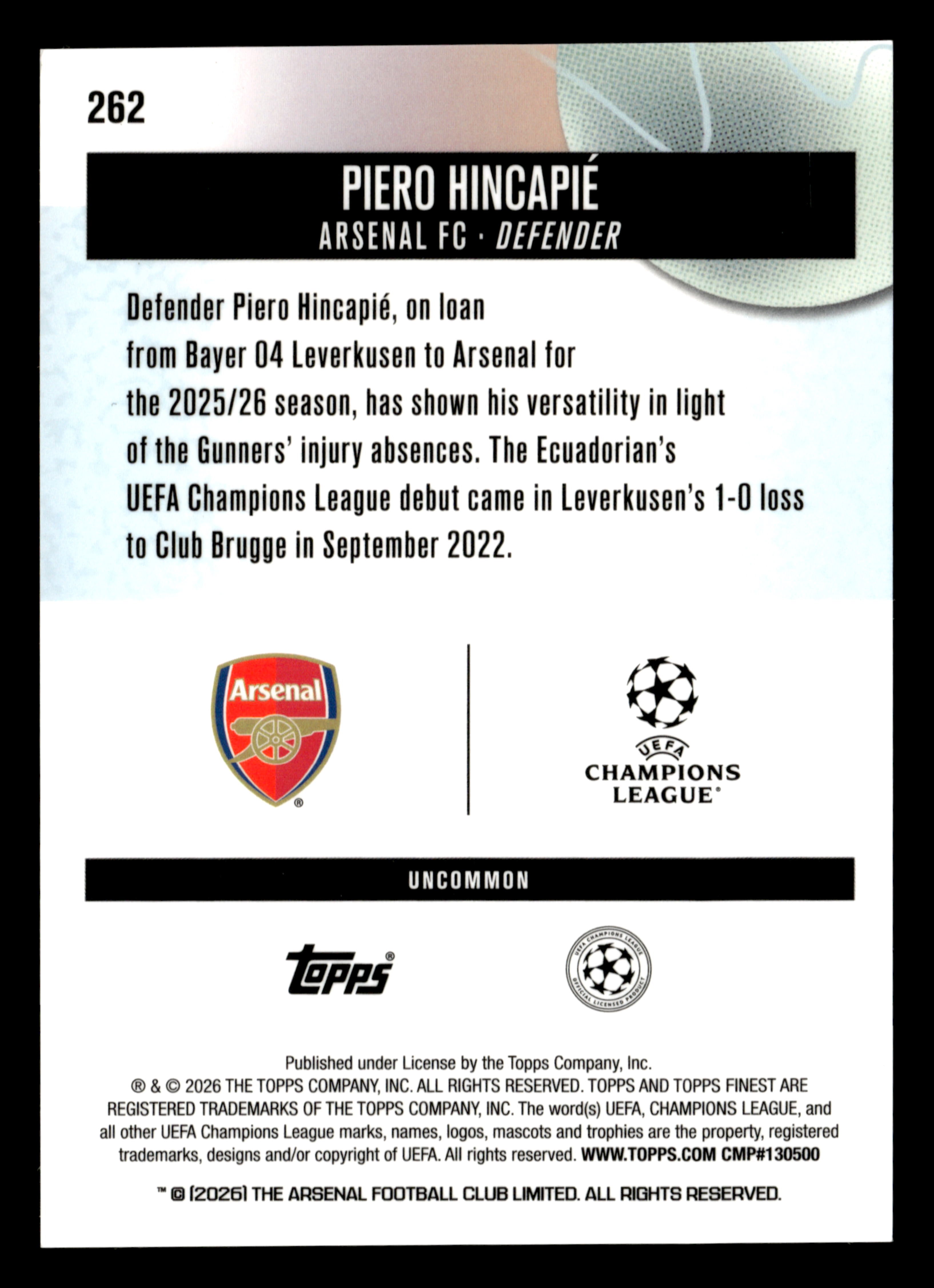 2025-26 Finest UEFA Club Competitions #262 Piero Hincapié Blue Refractor #/150