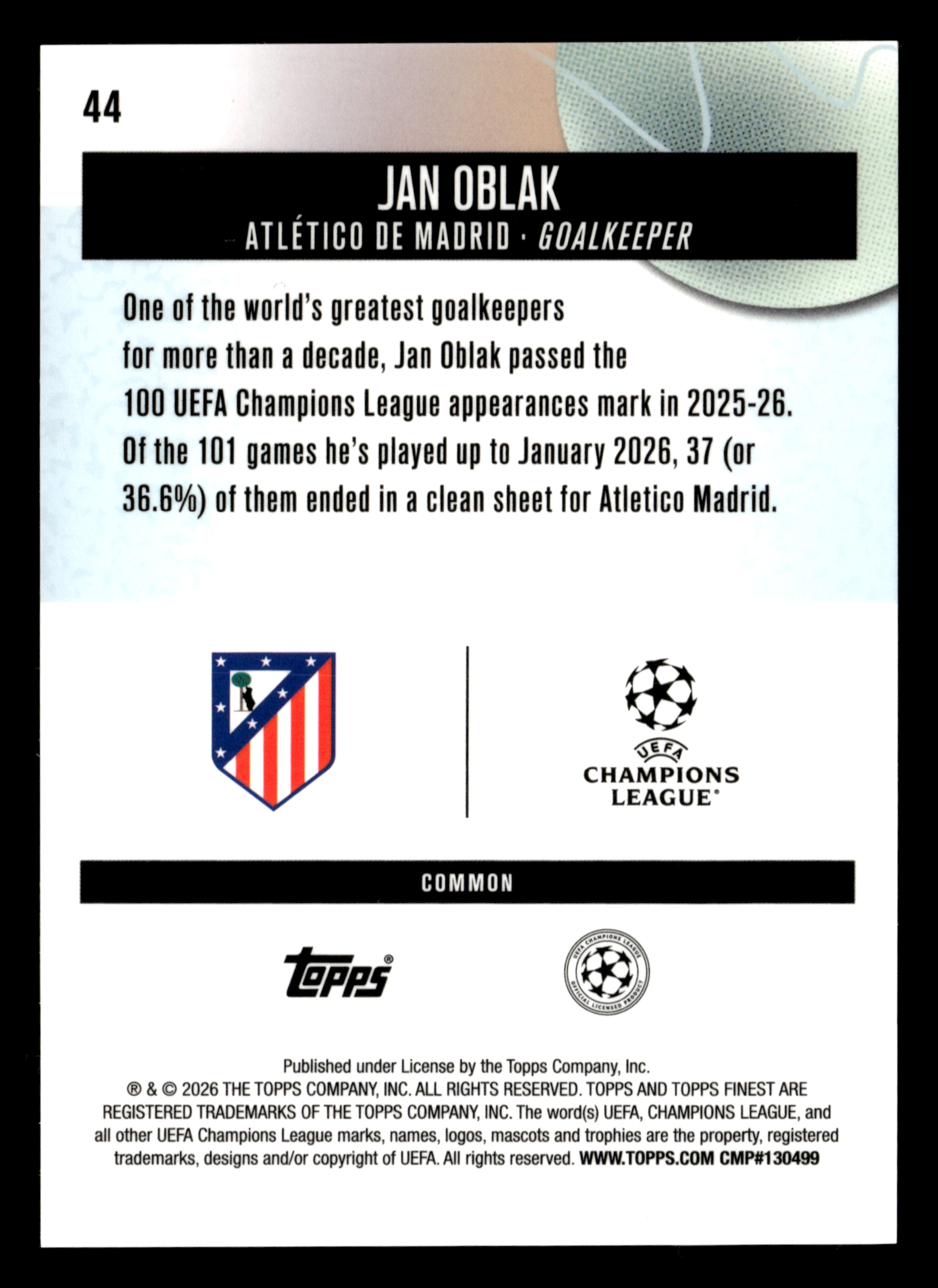 2025-26 Finest UEFA Club Competitions #44 Jan Oblak Gold Refractor #/50
