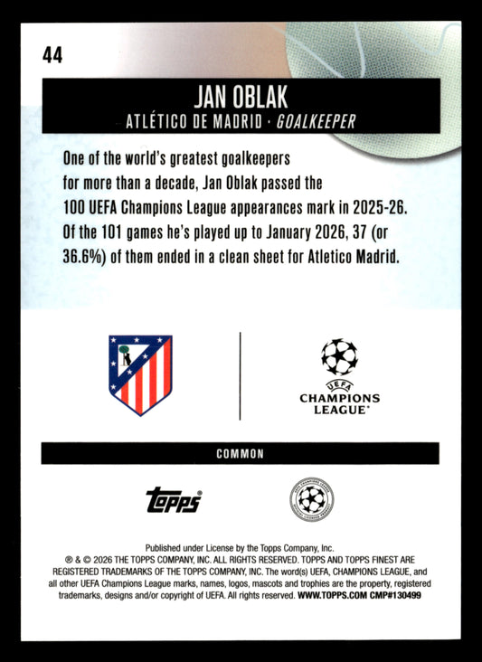 2025-26 Finest UEFA Club Competitions #44 Jan Oblak Gold Refractor #/50