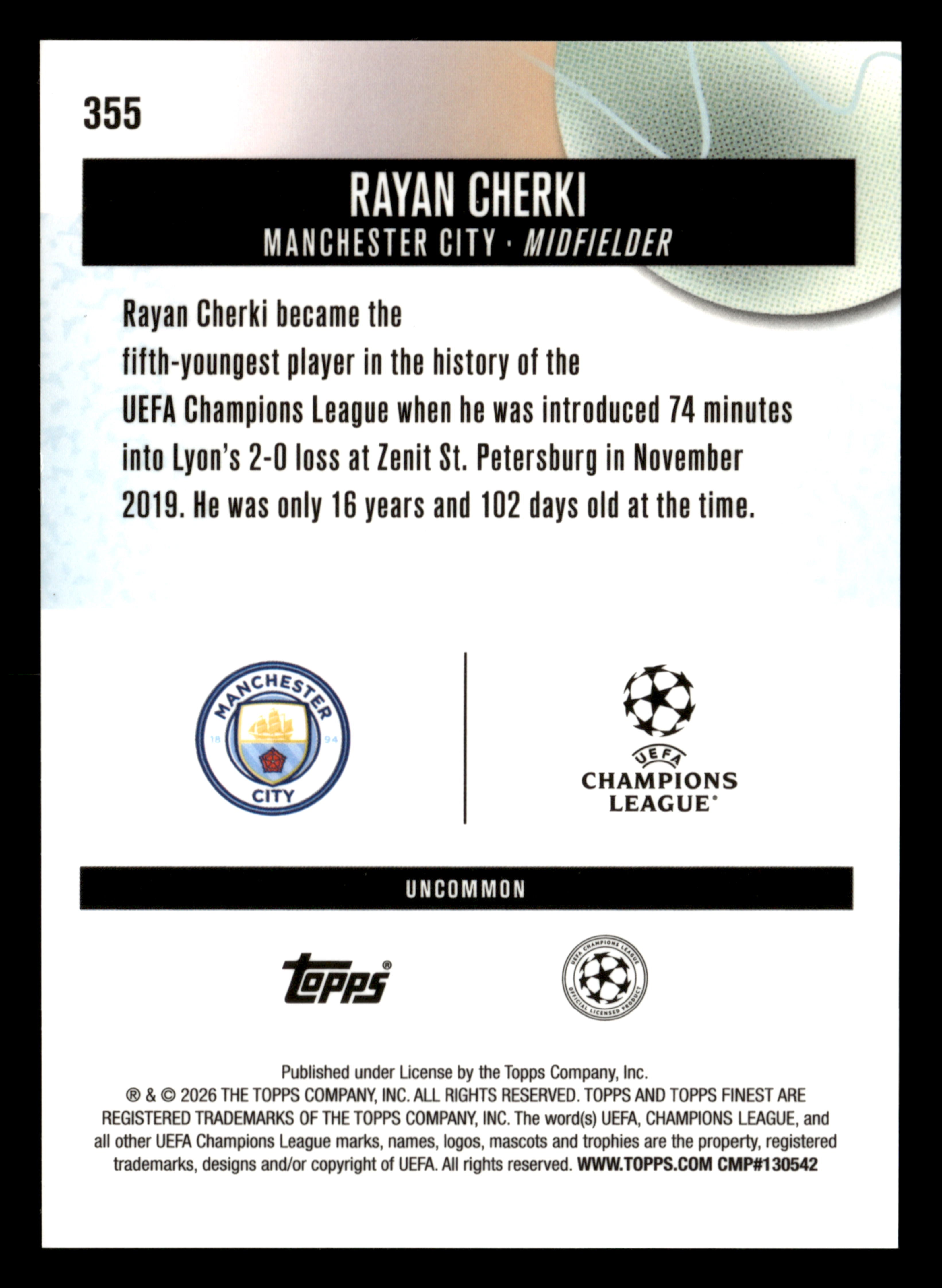 2025-26 Finest UCC #355 Rayan Cherki Purple Checkerboard Refractor #/99