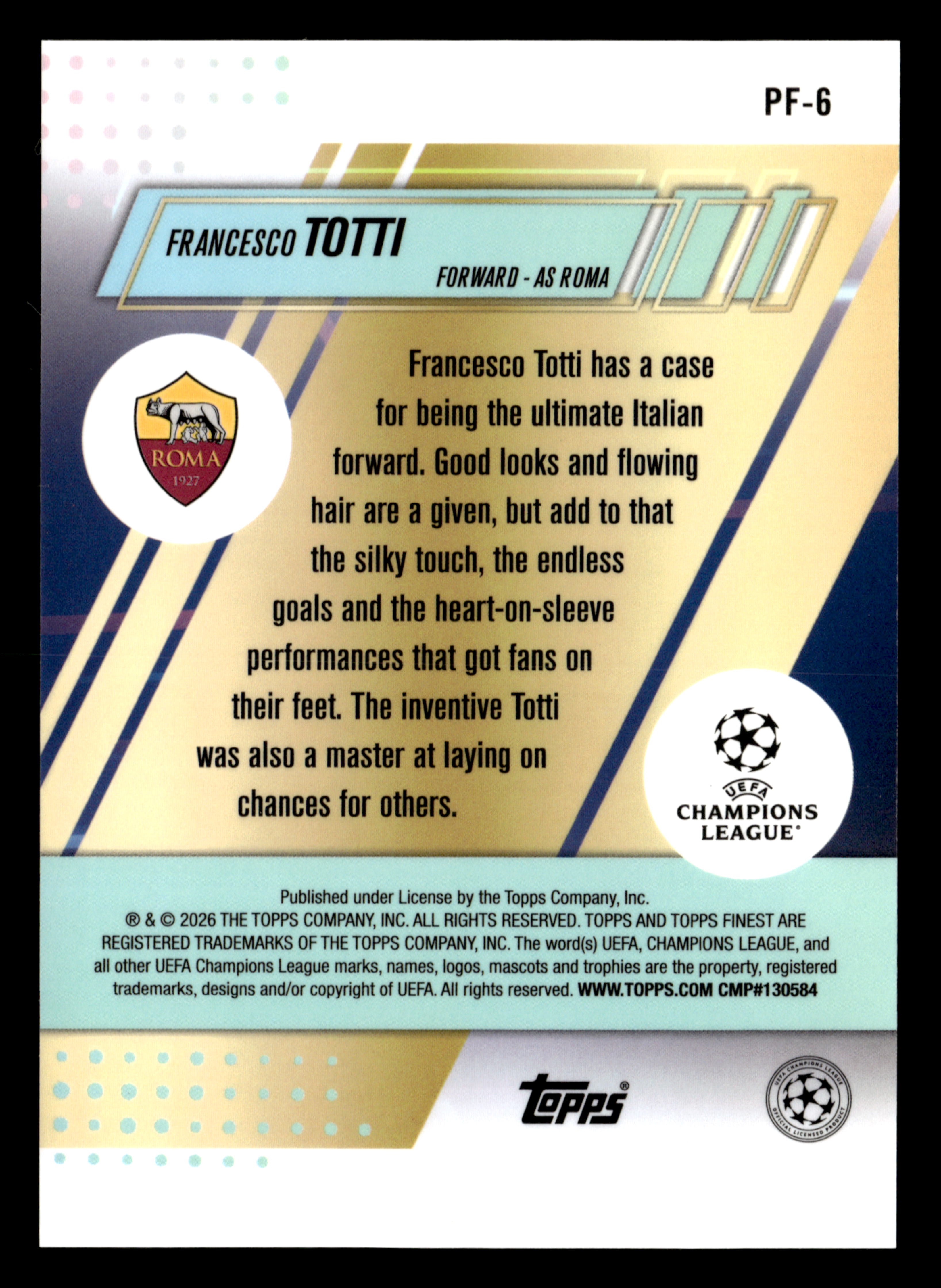 2025-26 Finest UCC #PF-6 Francesco Totti Prized Footballers Aqua Refractor #/199