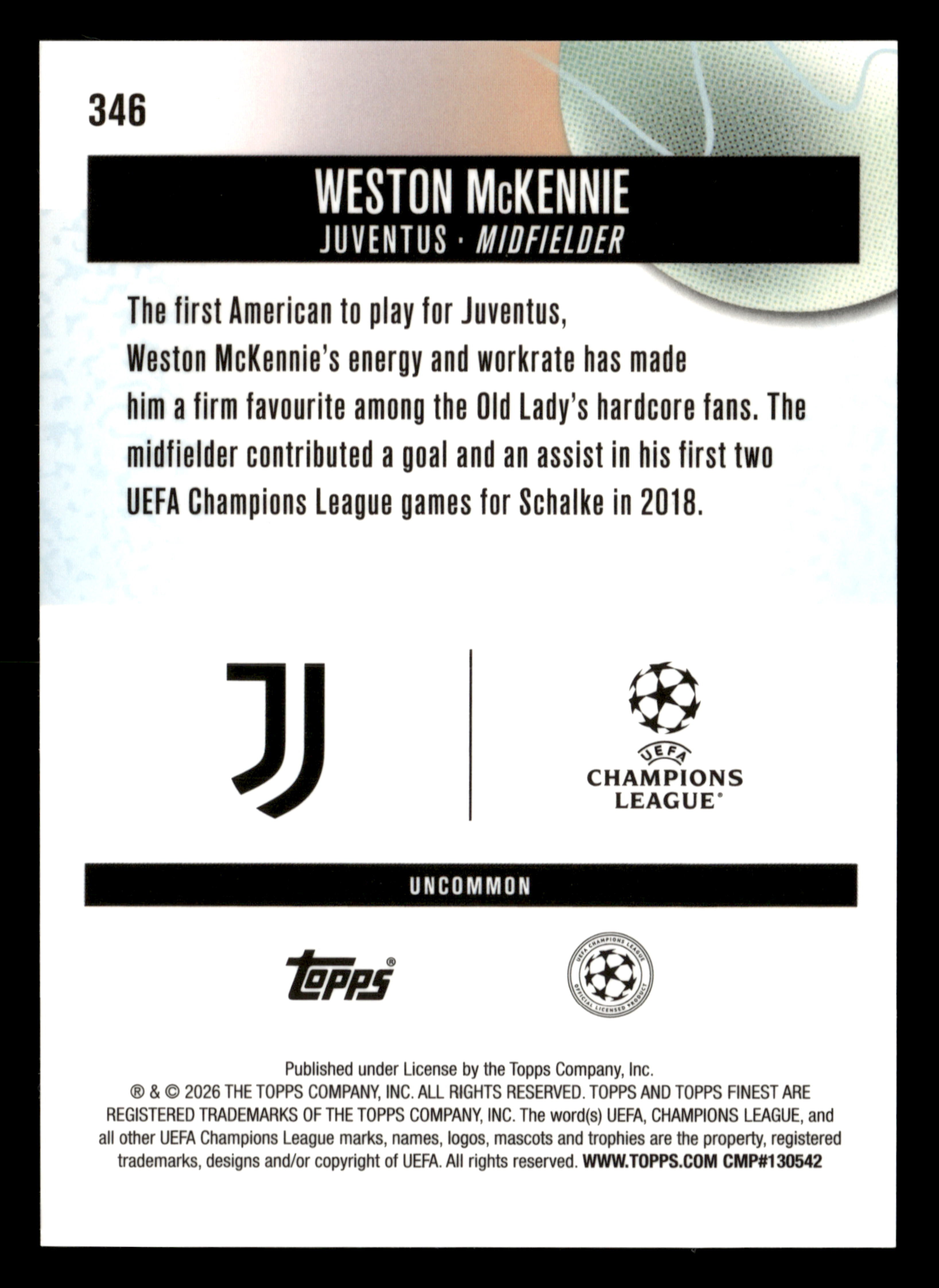 2025-26 Finest UCC #346 Weston McKennie Blue Checkerboard Refractor #/75