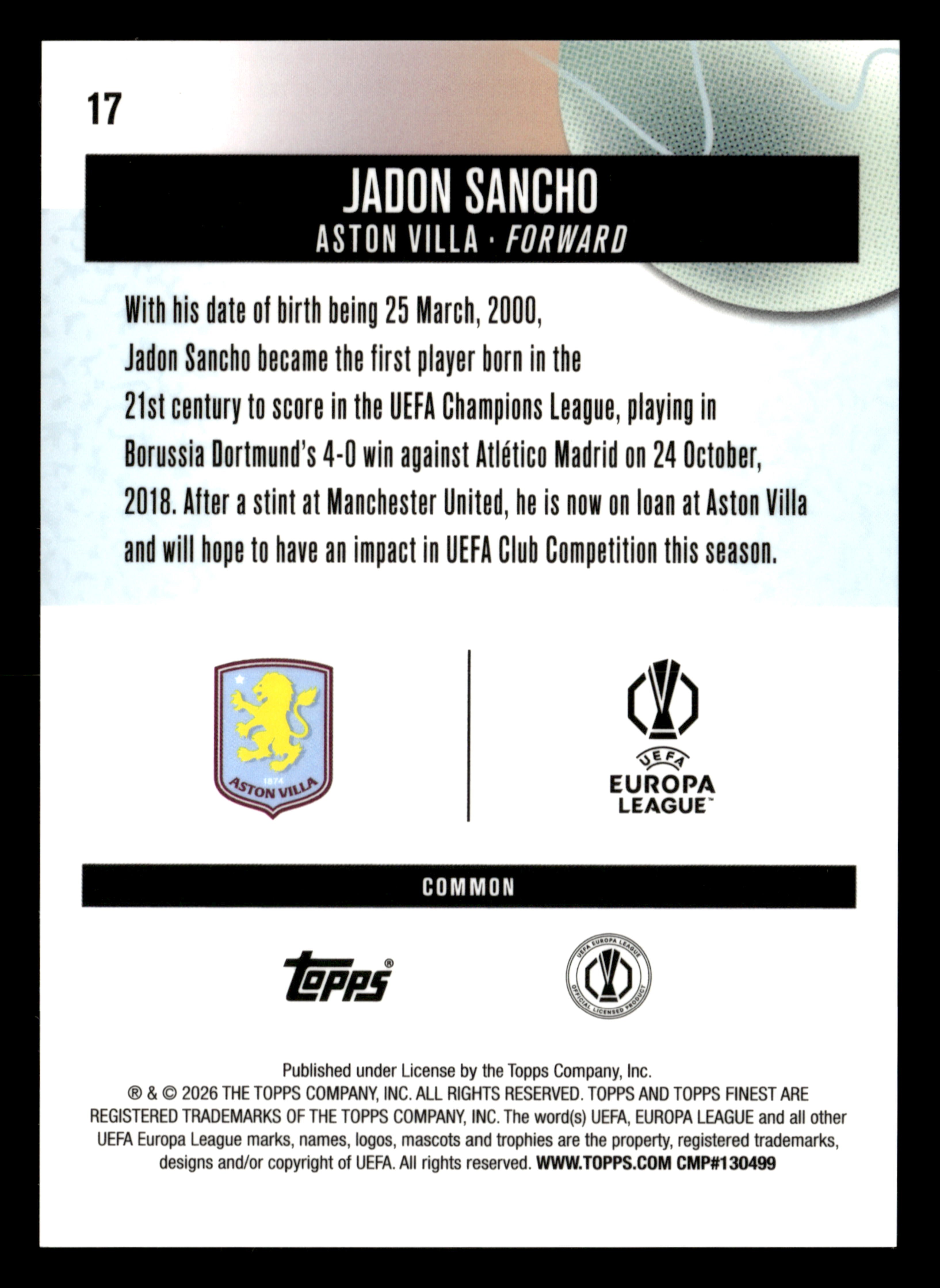 2025-26 Finest UEFA Club Competitions #17 Jadon Sancho Blue Refractor #/200