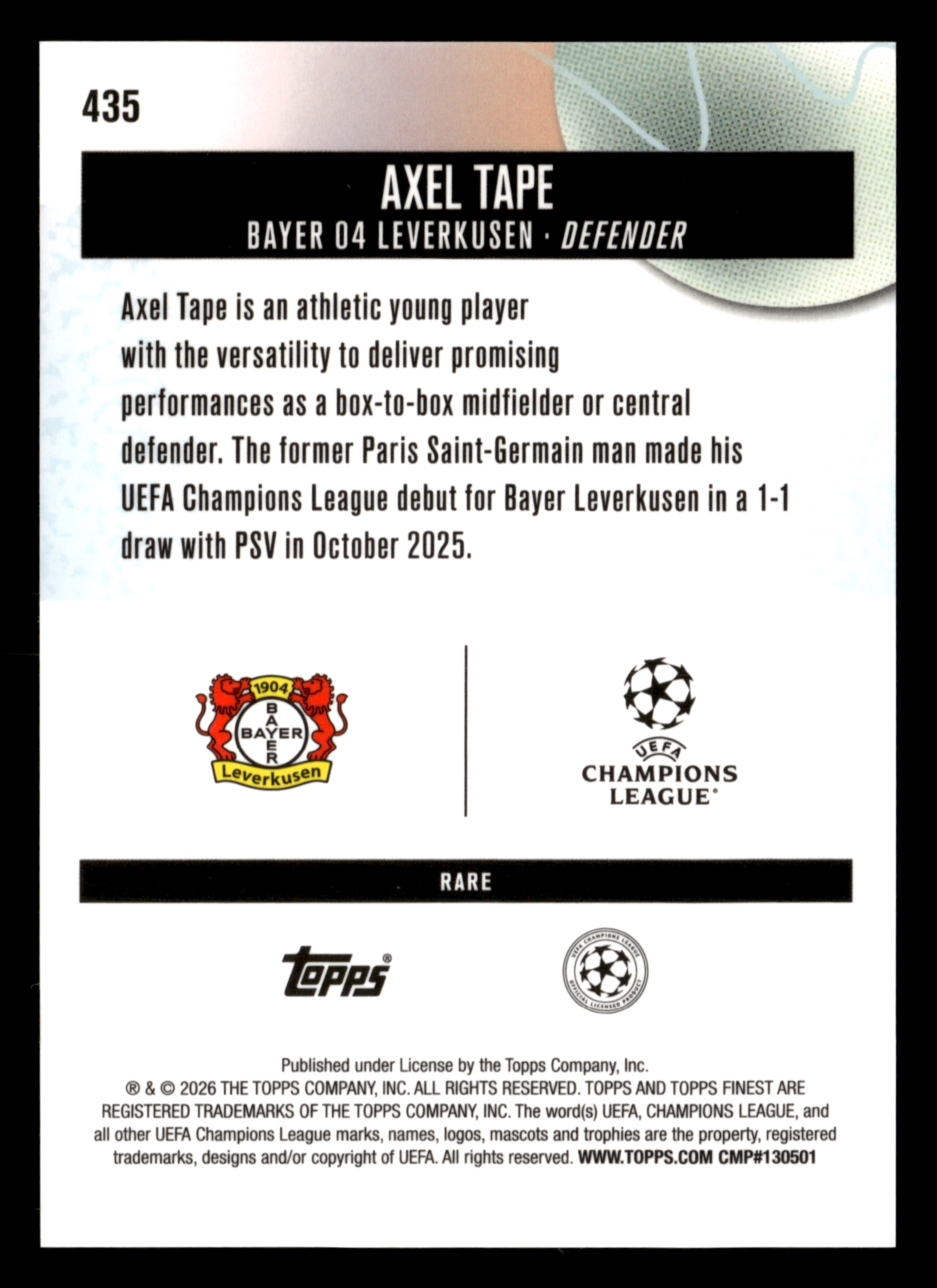 2025-26 Finest UEFA Club Competitions #435 Axel Tape Blue Refractor #/99