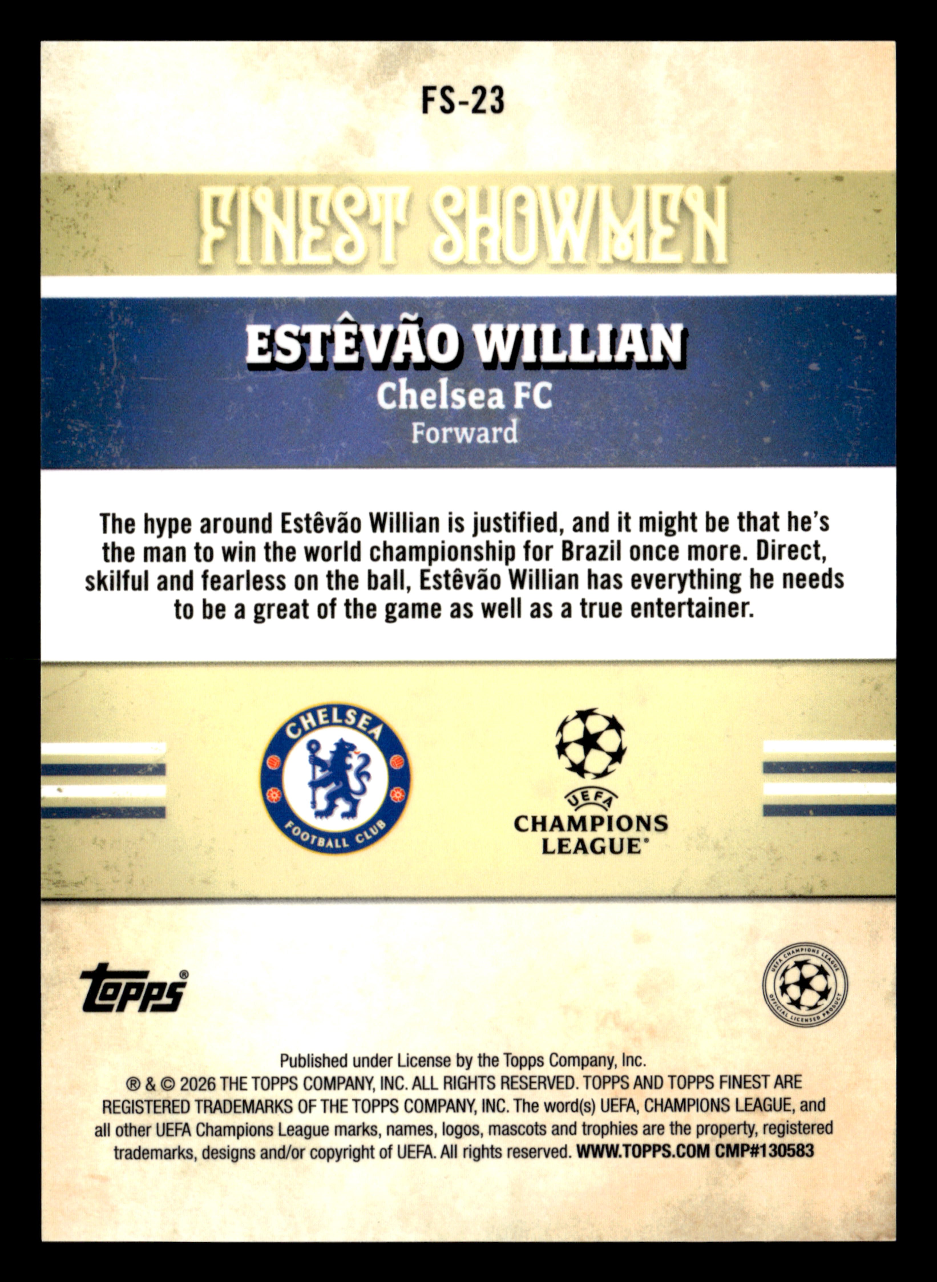 2025-26 Finest UCC #FS-23 Estêvão Willian Finest Showmen Aqua Refractor #/199
