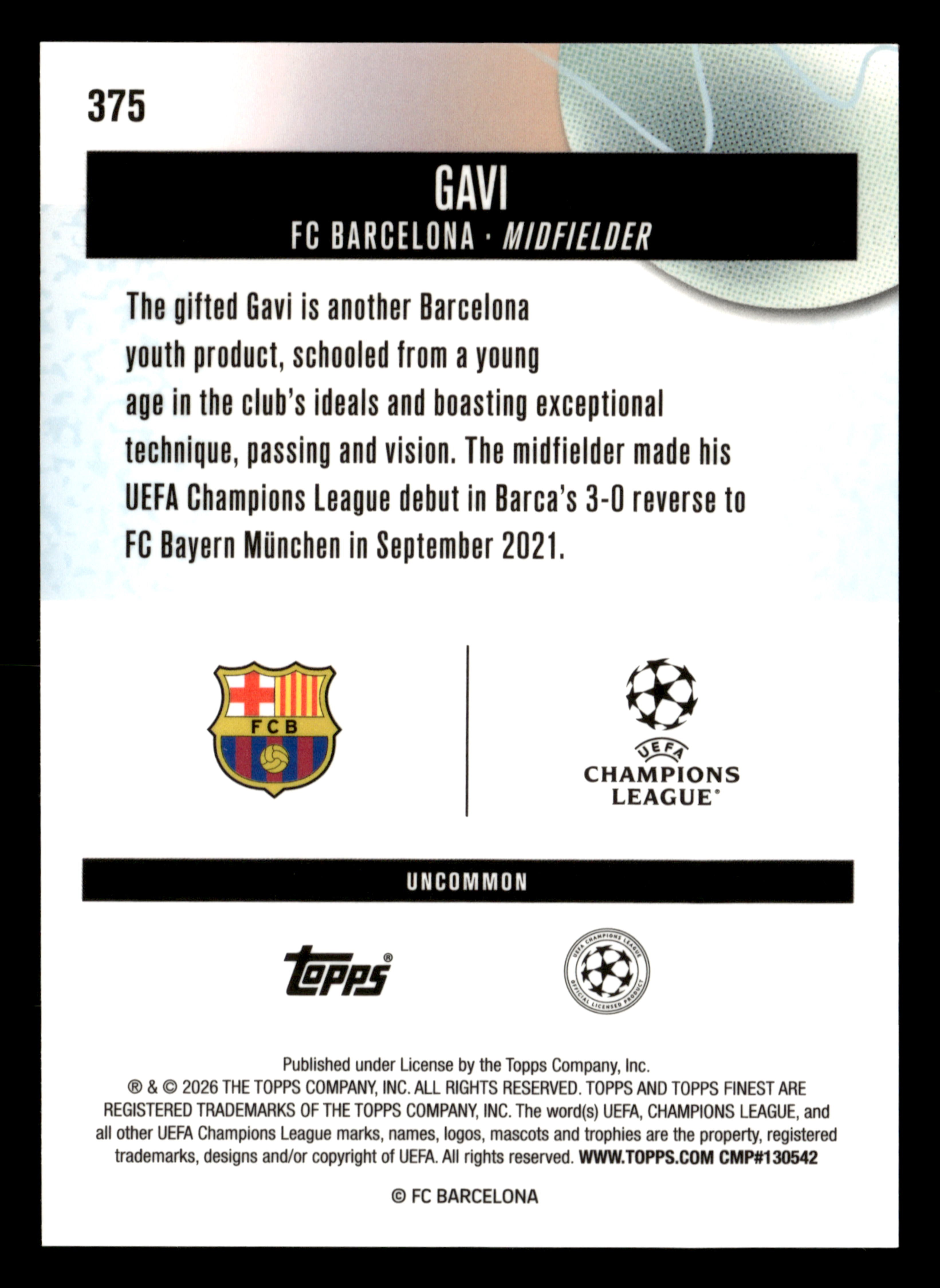2025-26 Finest UEFA Club Competitions #375 Gavi Gold Refractor #/25