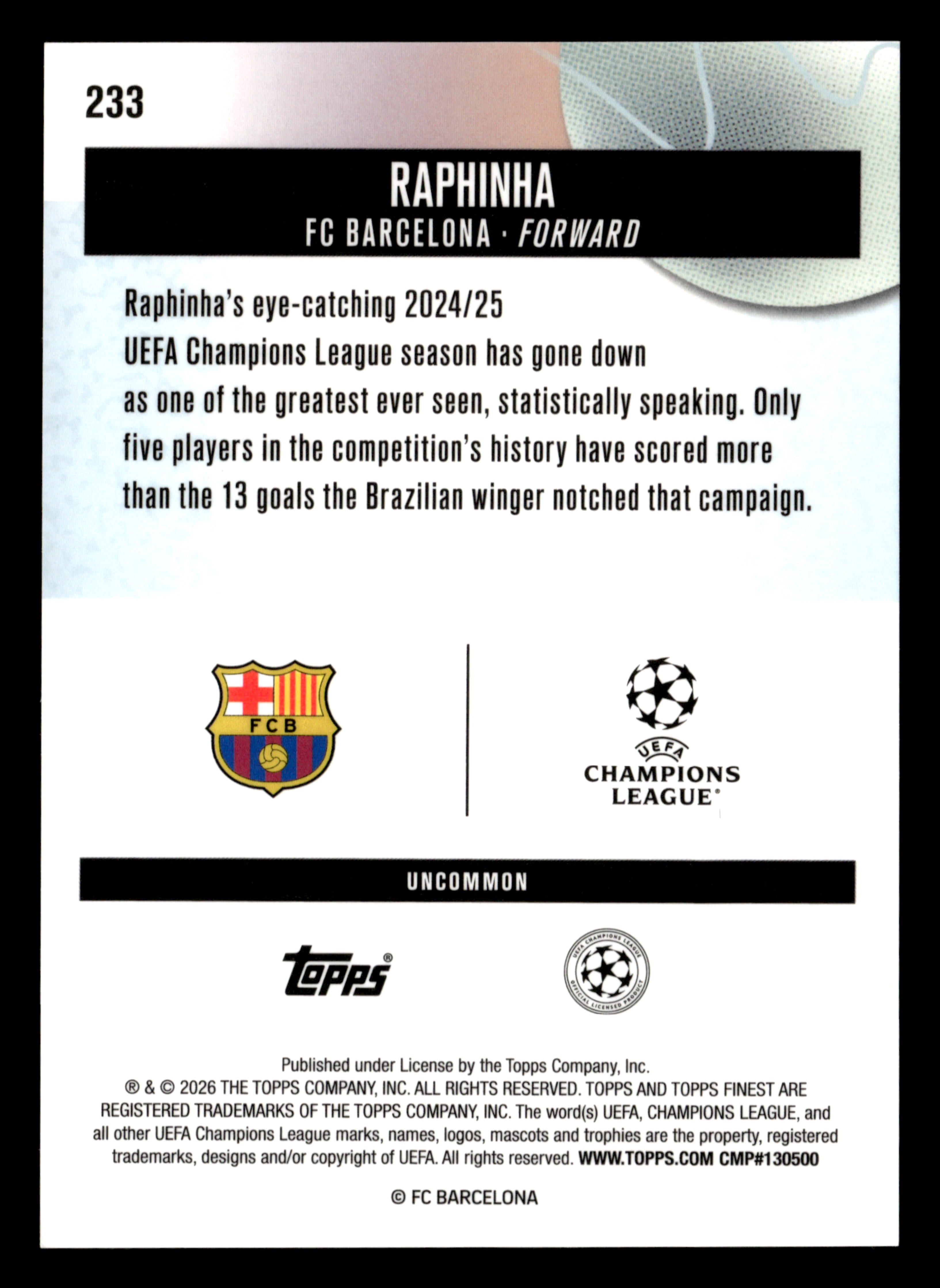 2025-26 Finest UEFA Club Competitions #233 Raphinha Blue Refractor #/150