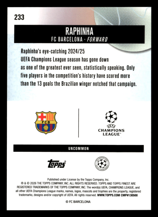 2025-26 Finest UEFA Club Competitions #233 Raphinha Blue Refractor #/150