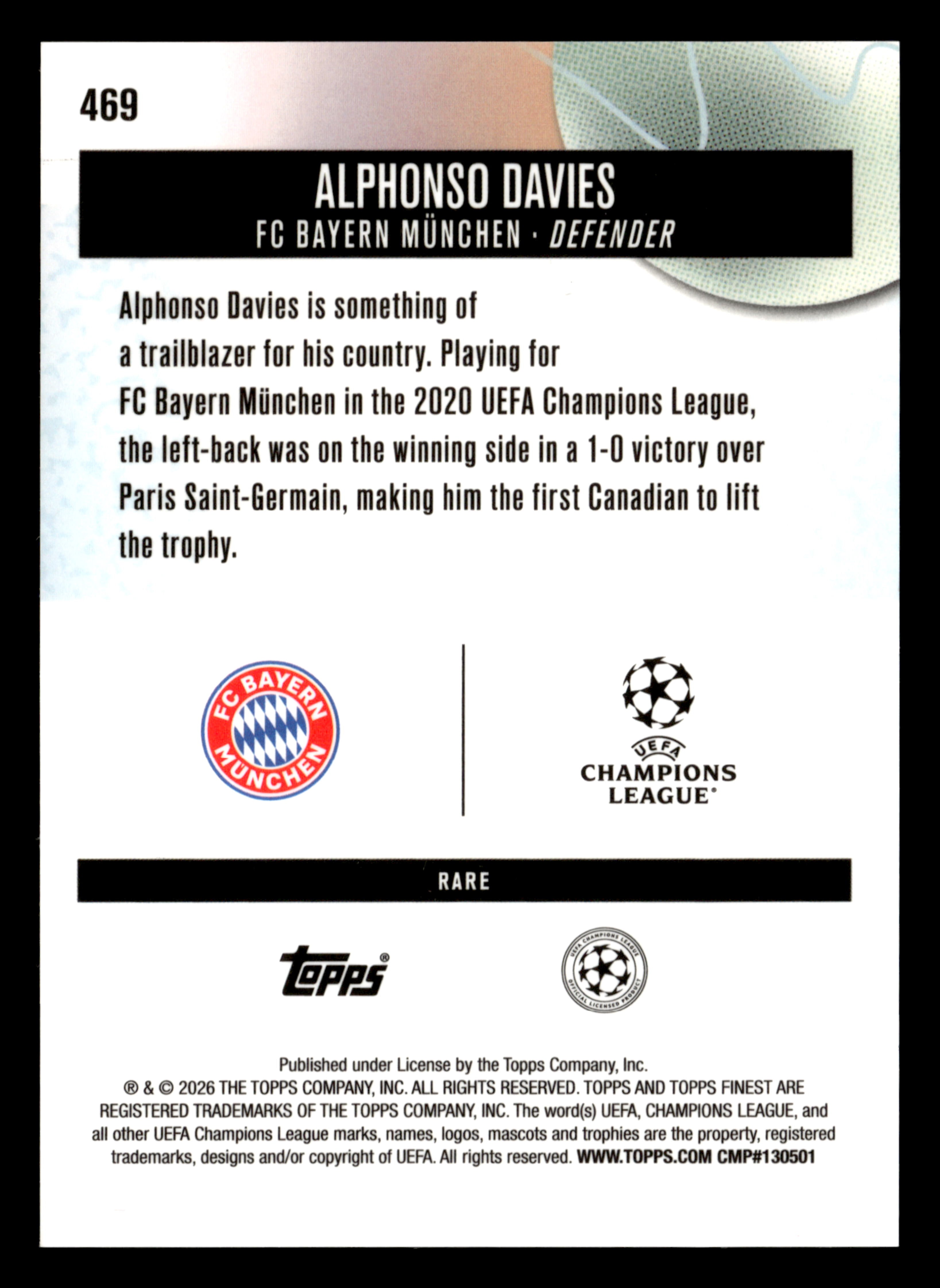 2025-26 Finest UEFA Club Competitions #469 Alphonso Davies Blue Refractor #/99