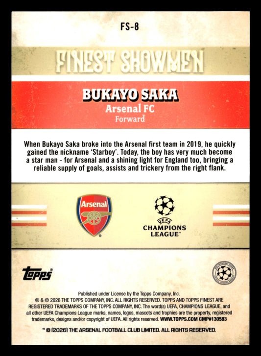 2025-26 Finest UCC #FS-8 Bukayo Saka Finest Showmen Blue Refractor #/150
