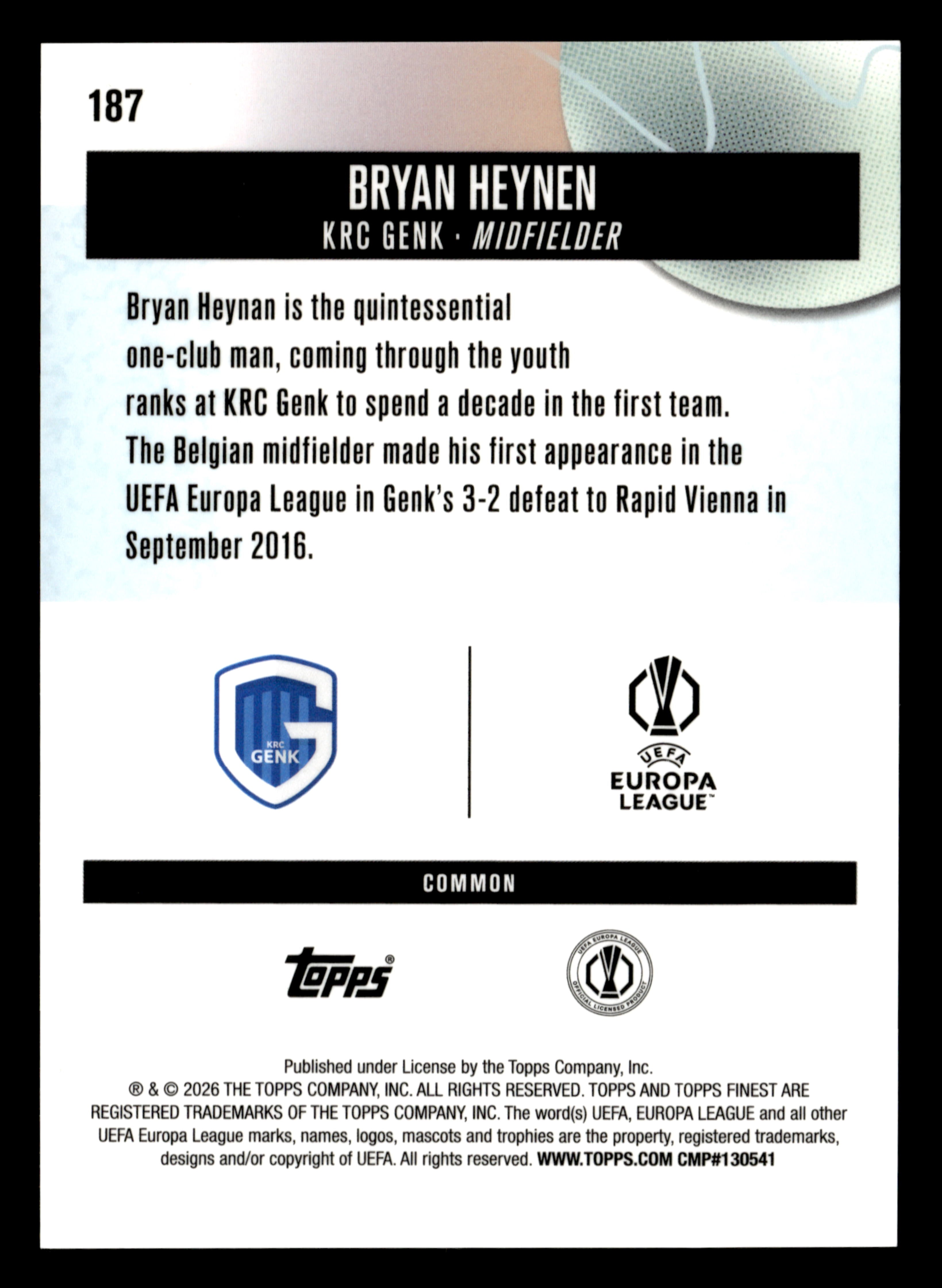 2025-26 Finest UEFA Club Competitions #187 Bryan Heynen Blue Refractor #/200