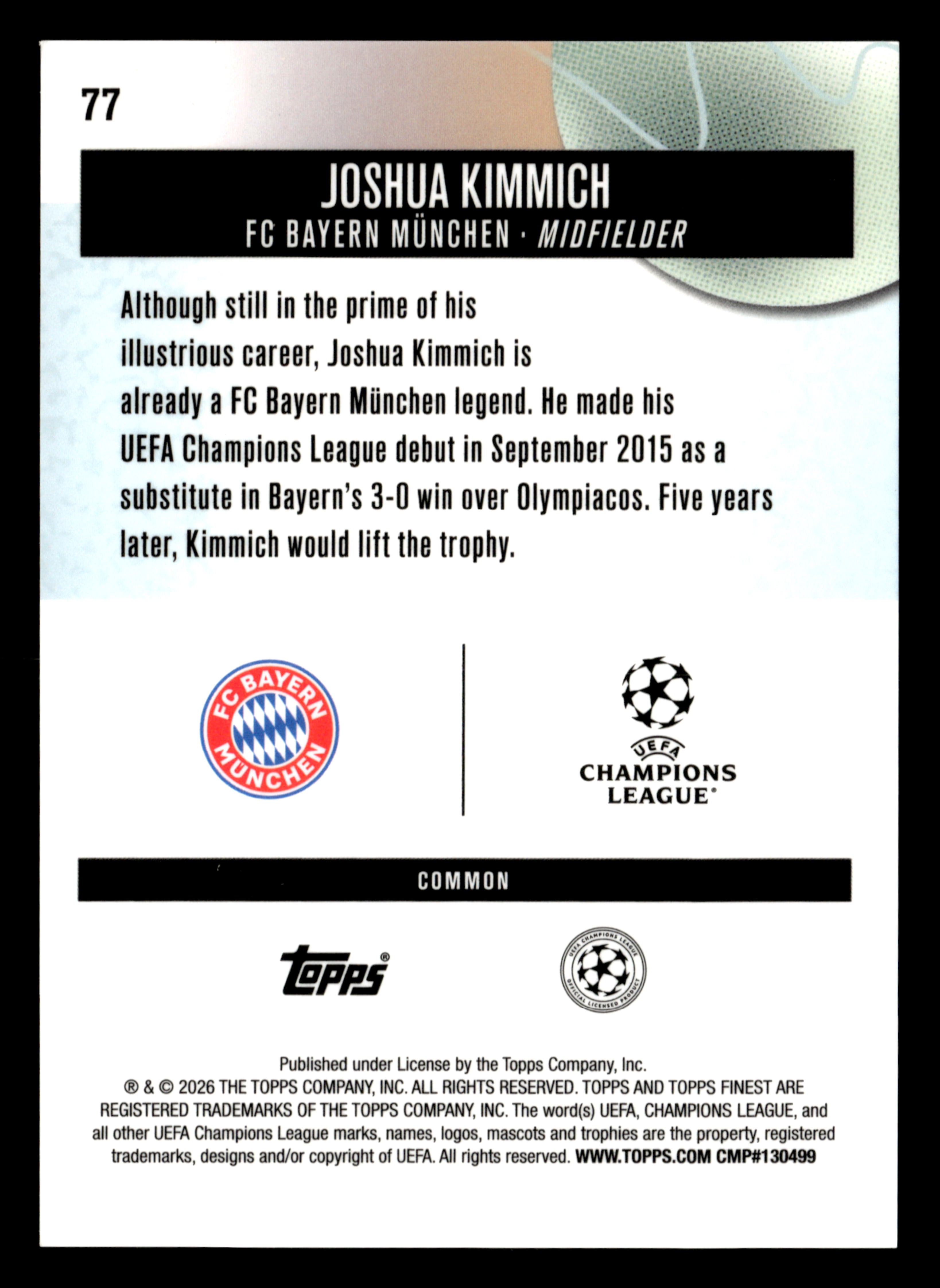 2025-26 Finest UCC #77 Joshua Kimmich Purple Checkerboard Refractor #/150