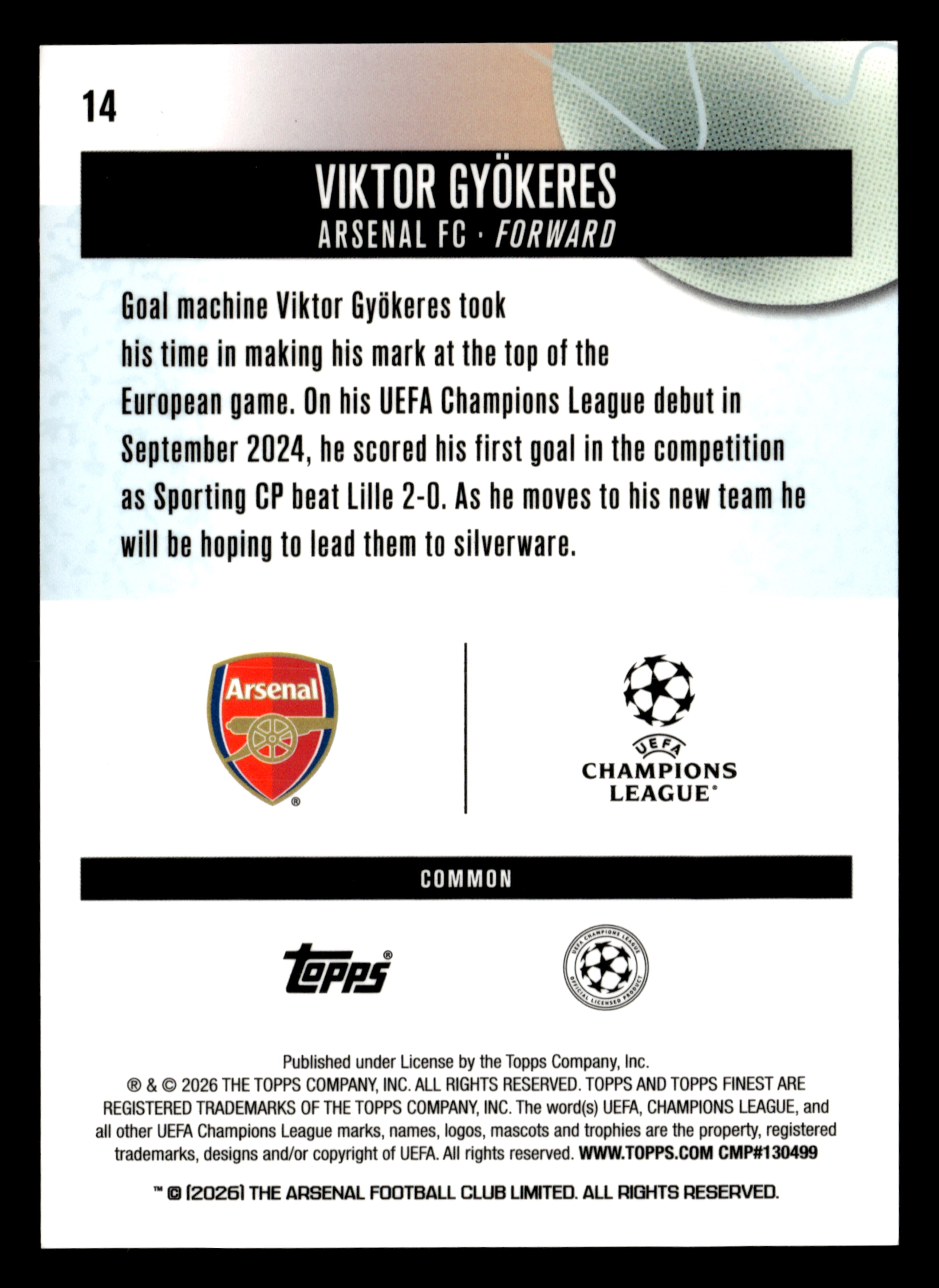 2025-26 Finest UEFA Club Competitions #14 Viktor Gyökeres Black Refractor #/20