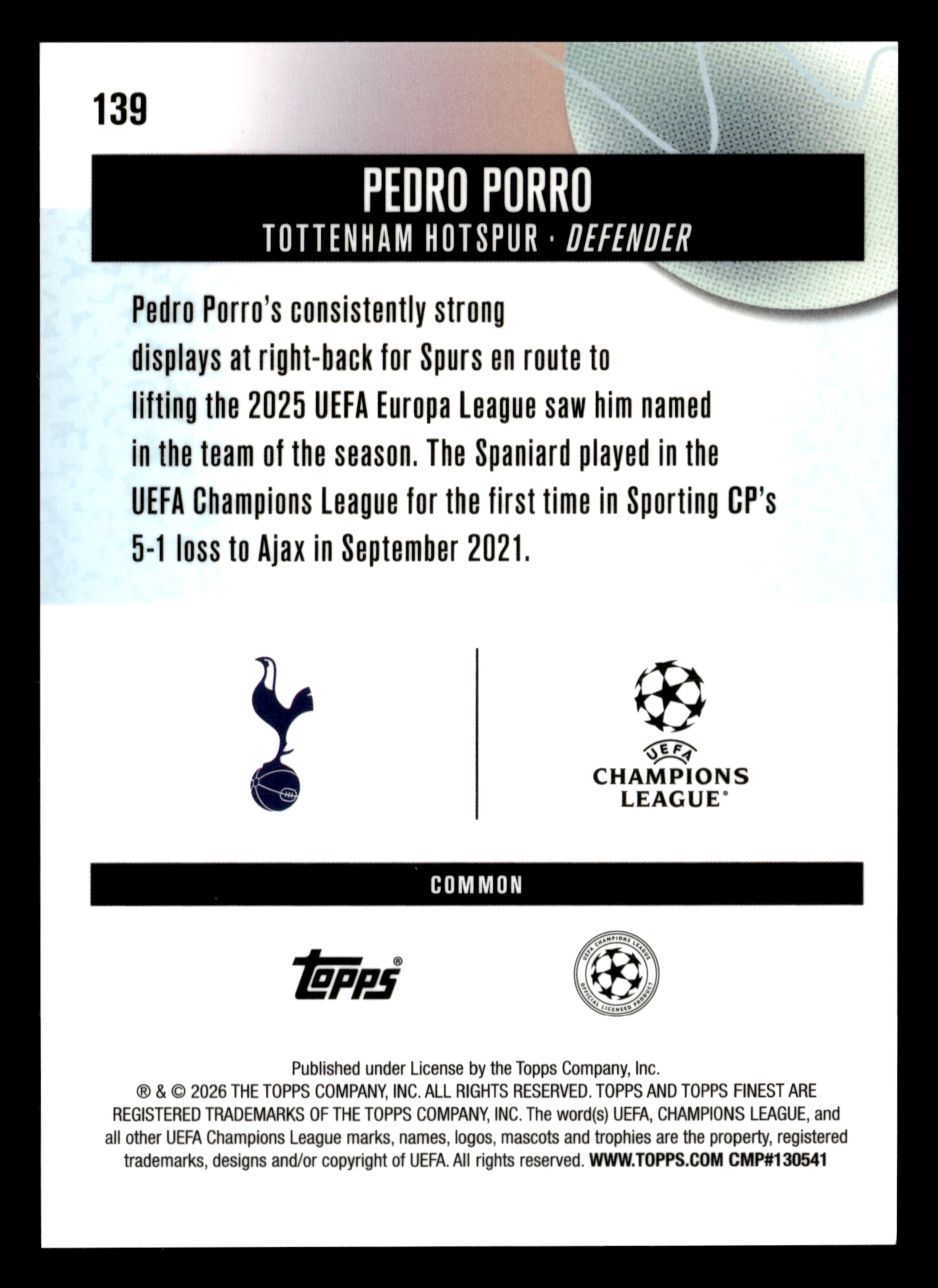 2025-26 Finest UEFA Club Competitions #139 Pedro Porro Green Refractor #/75
