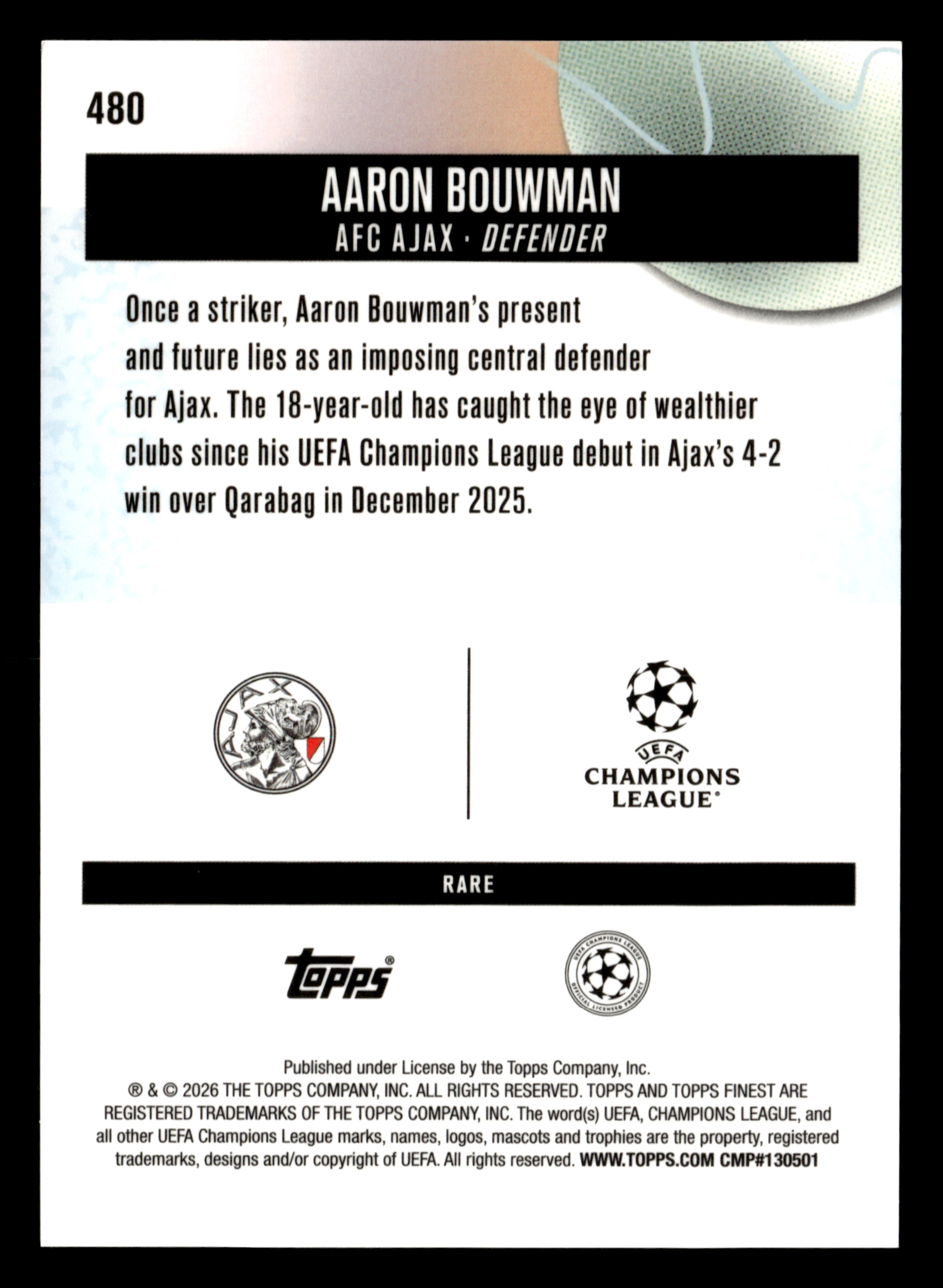 2025-26 Finest UCC #480 Aaron Bouwman Pearl Checkerboard Refractor #/30