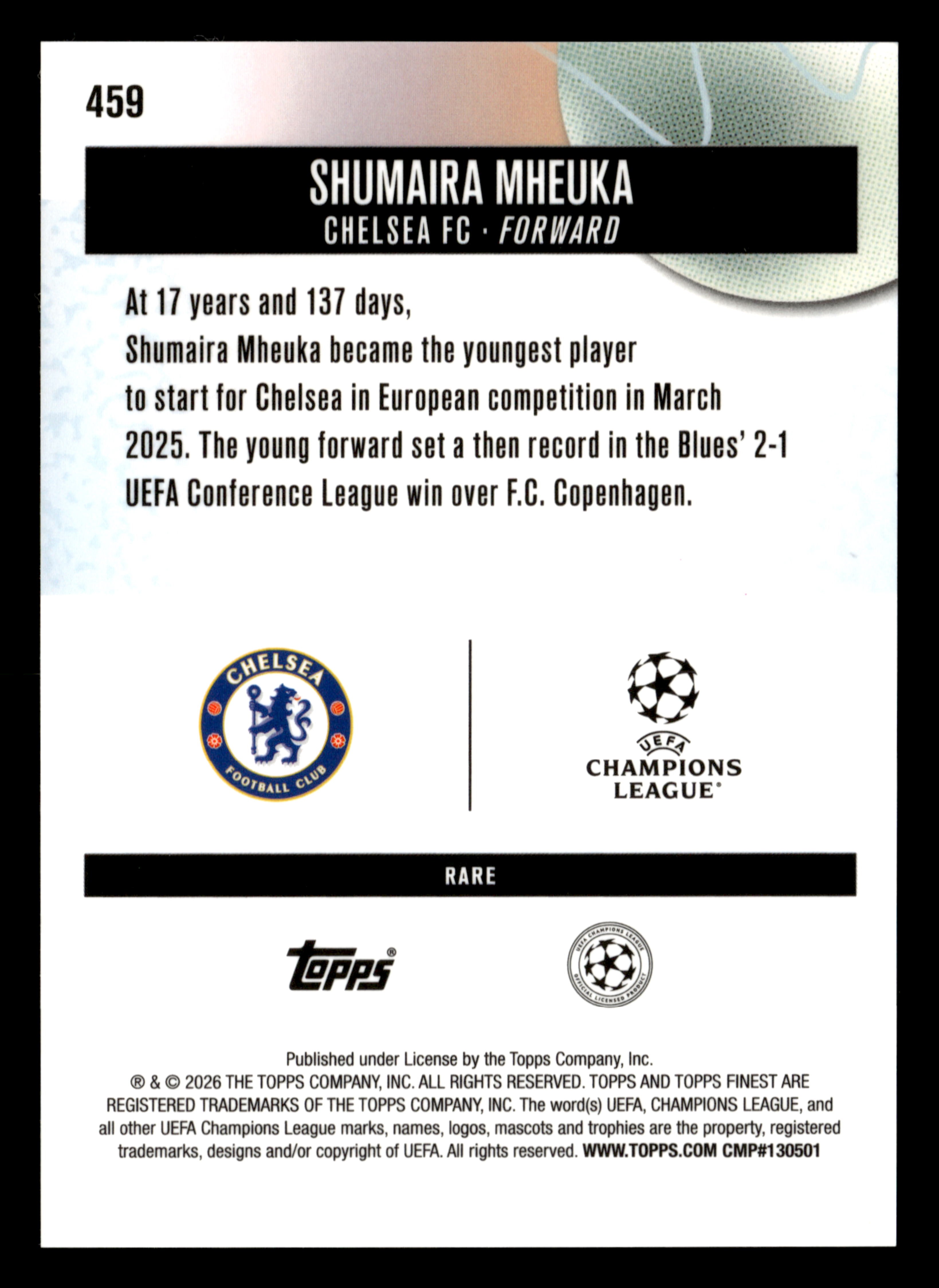 2025-26 Finest UEFA Club Competitions #459 Shumaira Mheuka Blue Refractor #/99