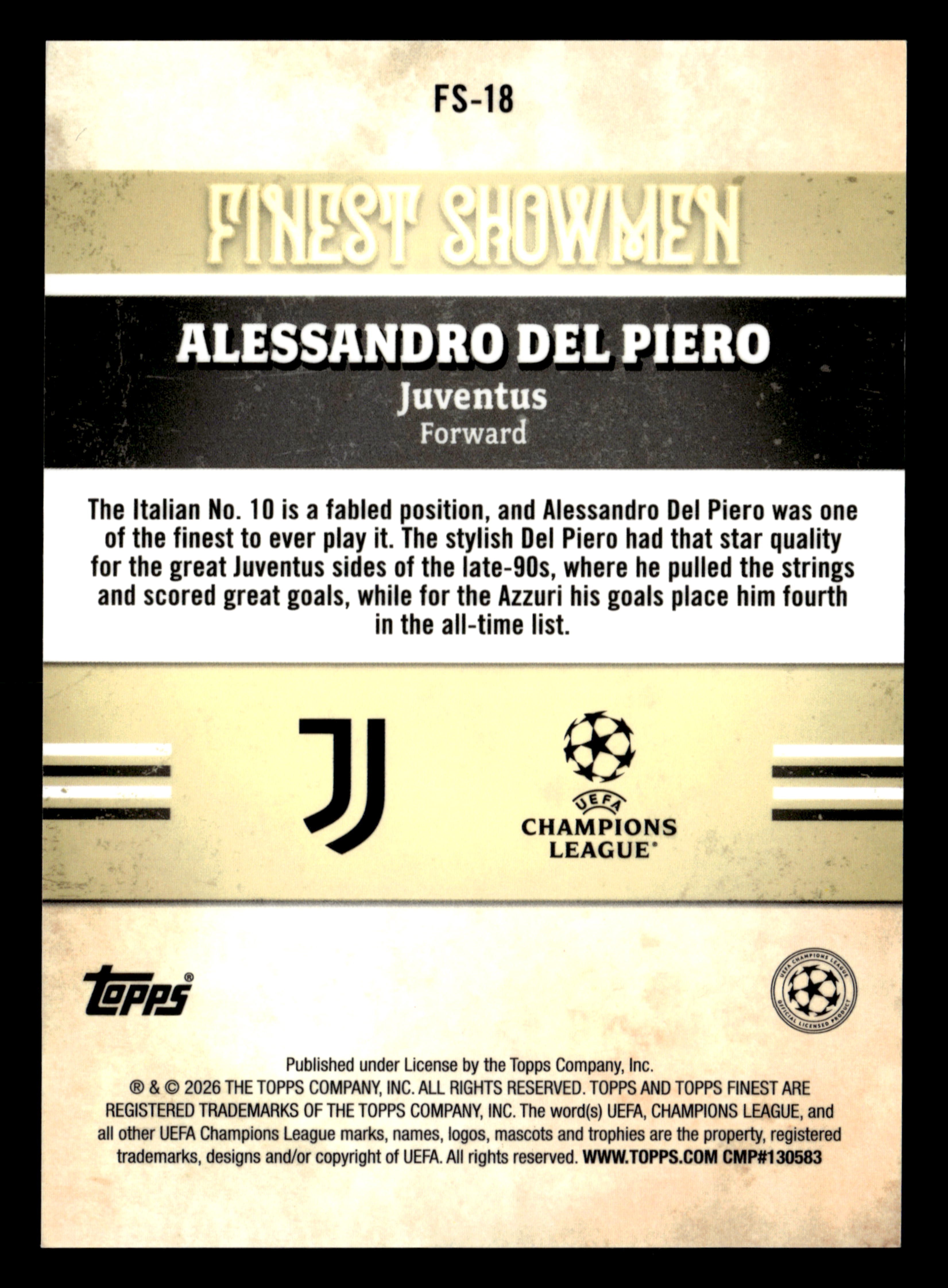 2025-26 Finest UCC #FS-18 Alessandro Del Piero FS Gold Refractor #/50