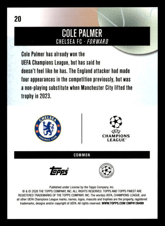 2025-26 Finest UEFA Club Competitions #20 Cole Palmer Blue Refractor #/200