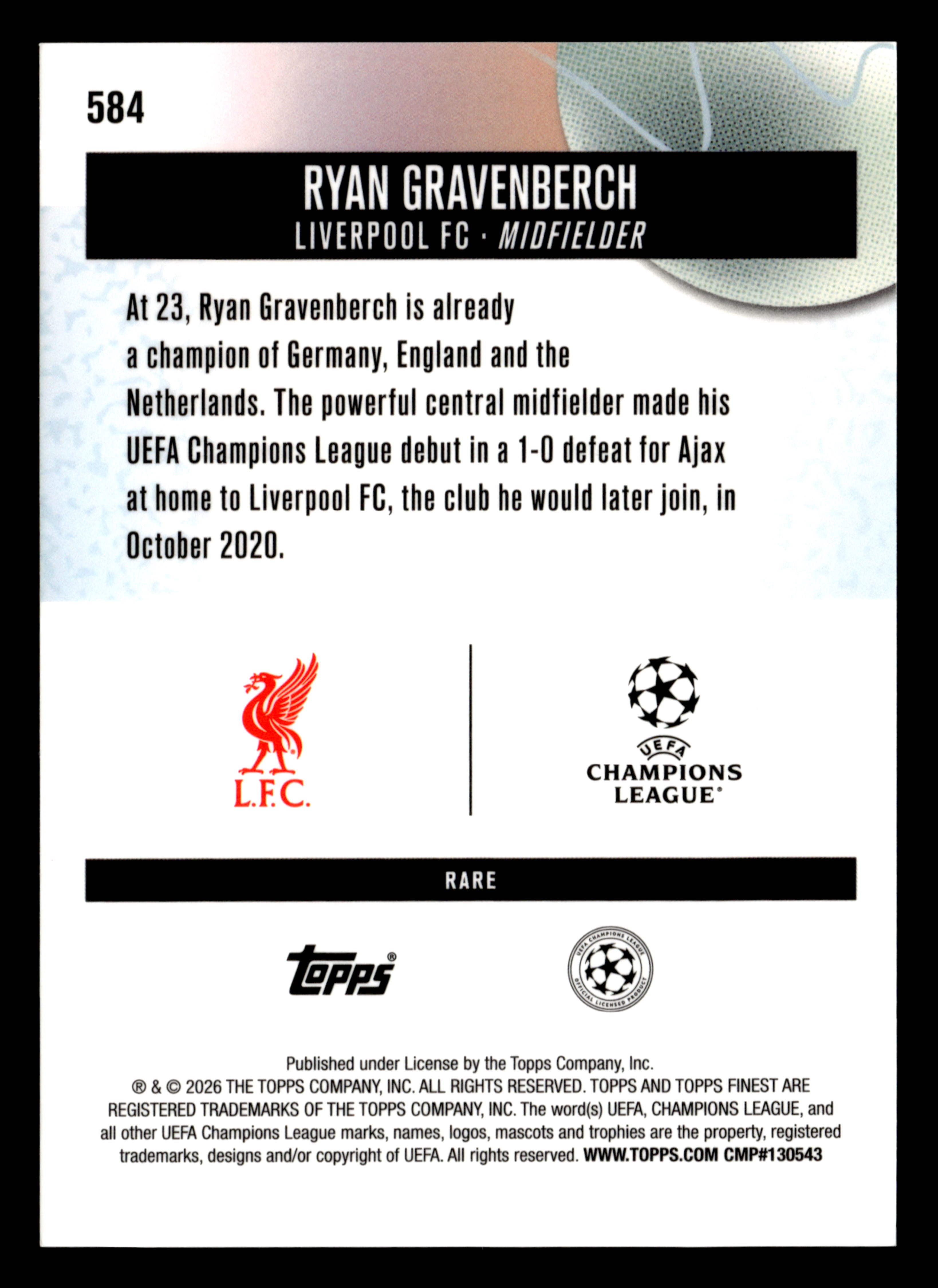 2025-26 Finest UEFA Club Competitions #584 Ryan Gravenberch Green Refractor #/25