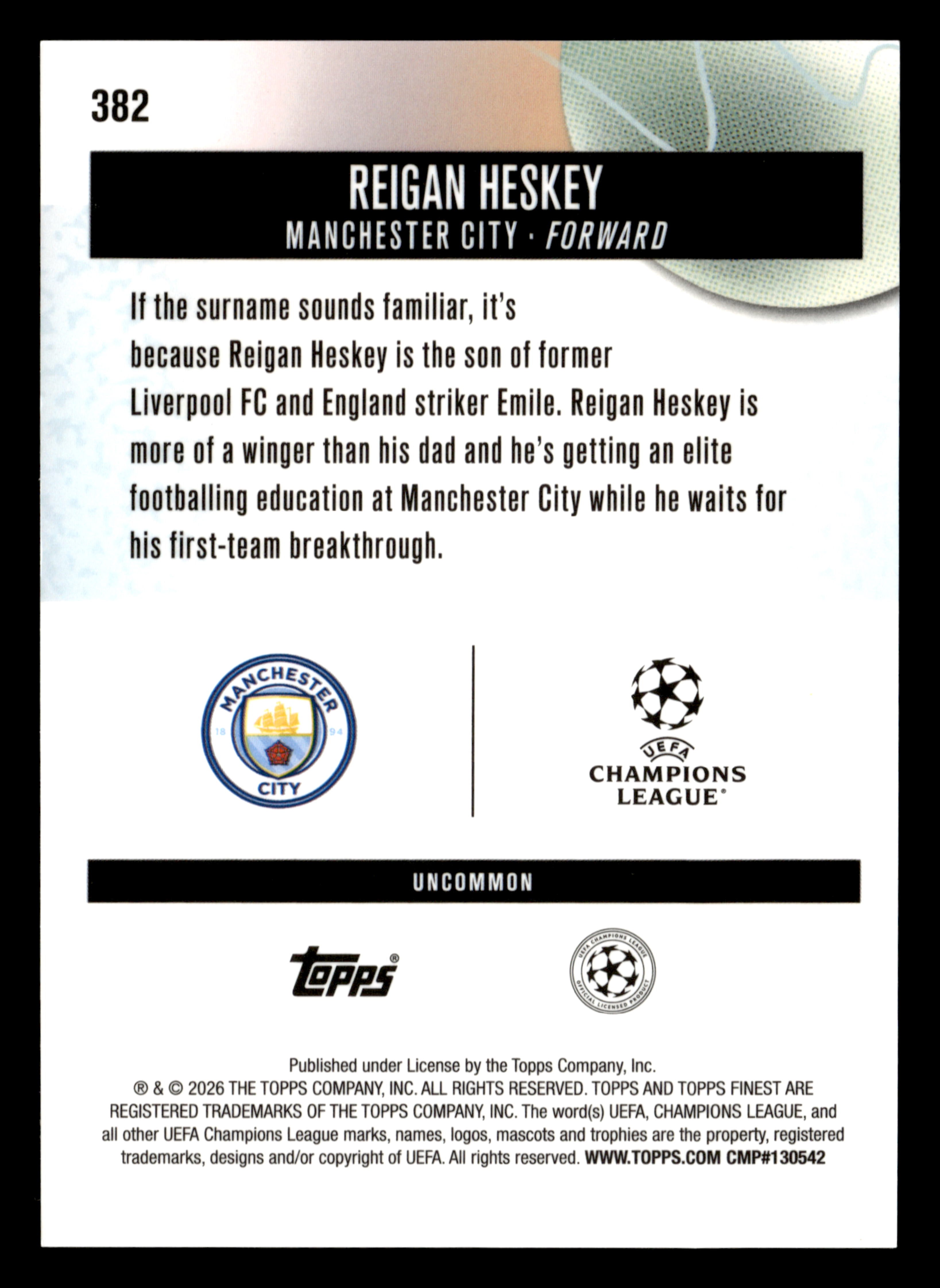 2025-26 Finest UEFA Club Competitions #382 Reigan Heskey Blue Refractor #/150