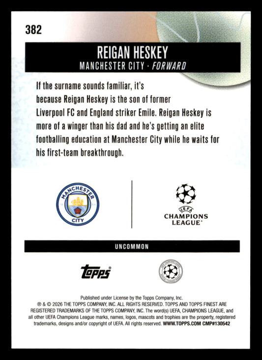 2025-26 Finest UEFA Club Competitions #382 Reigan Heskey Blue Refractor #/150