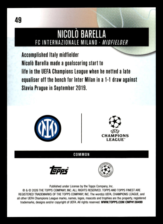 2025-26 Finest UEFA Club Competitions #49 Nicolò Barella Orange Refractor #/25