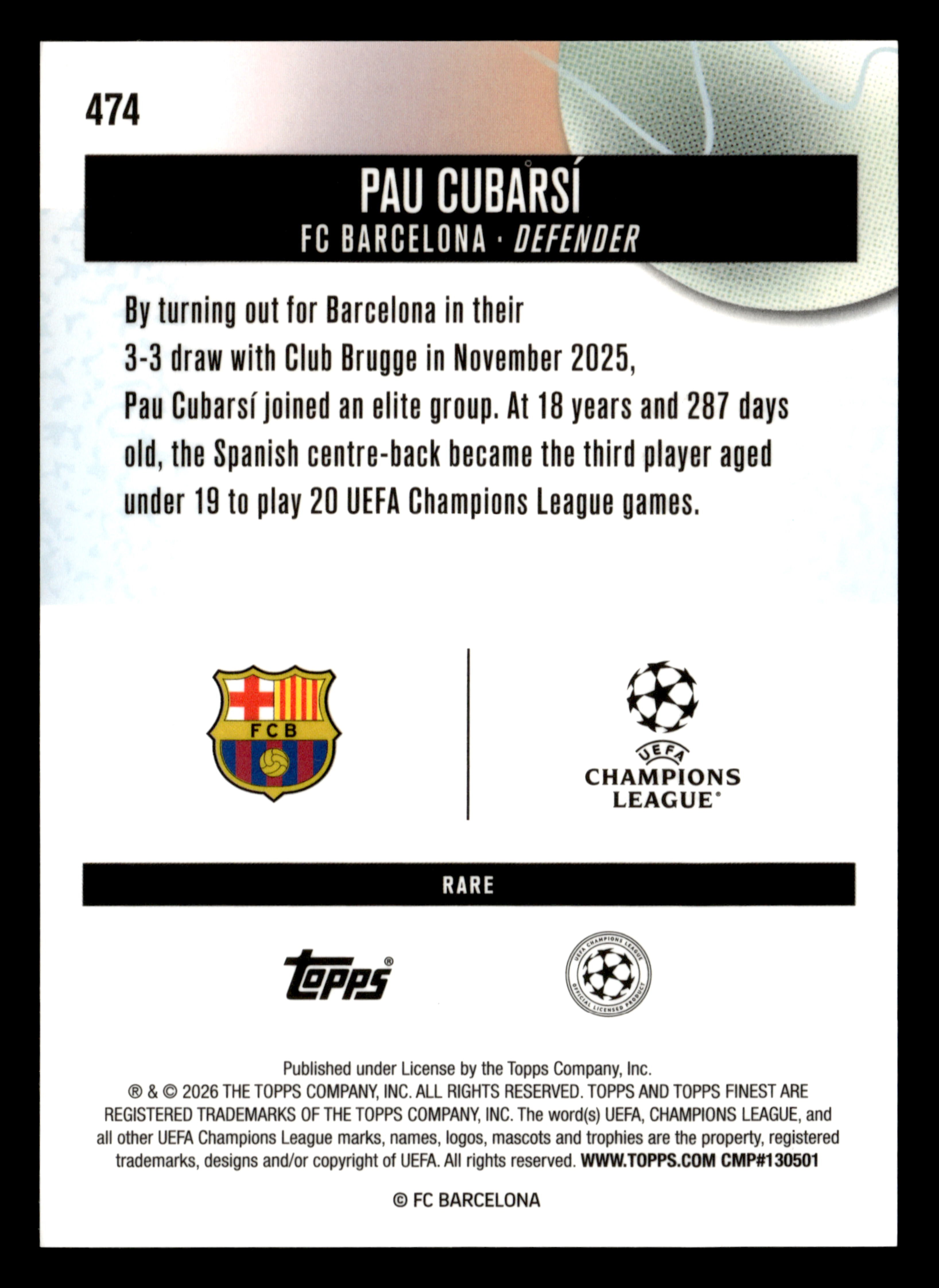 2025-26 Finest UEFA Club Competitions #474 Pau Cubarsí Gold Refractor #/20