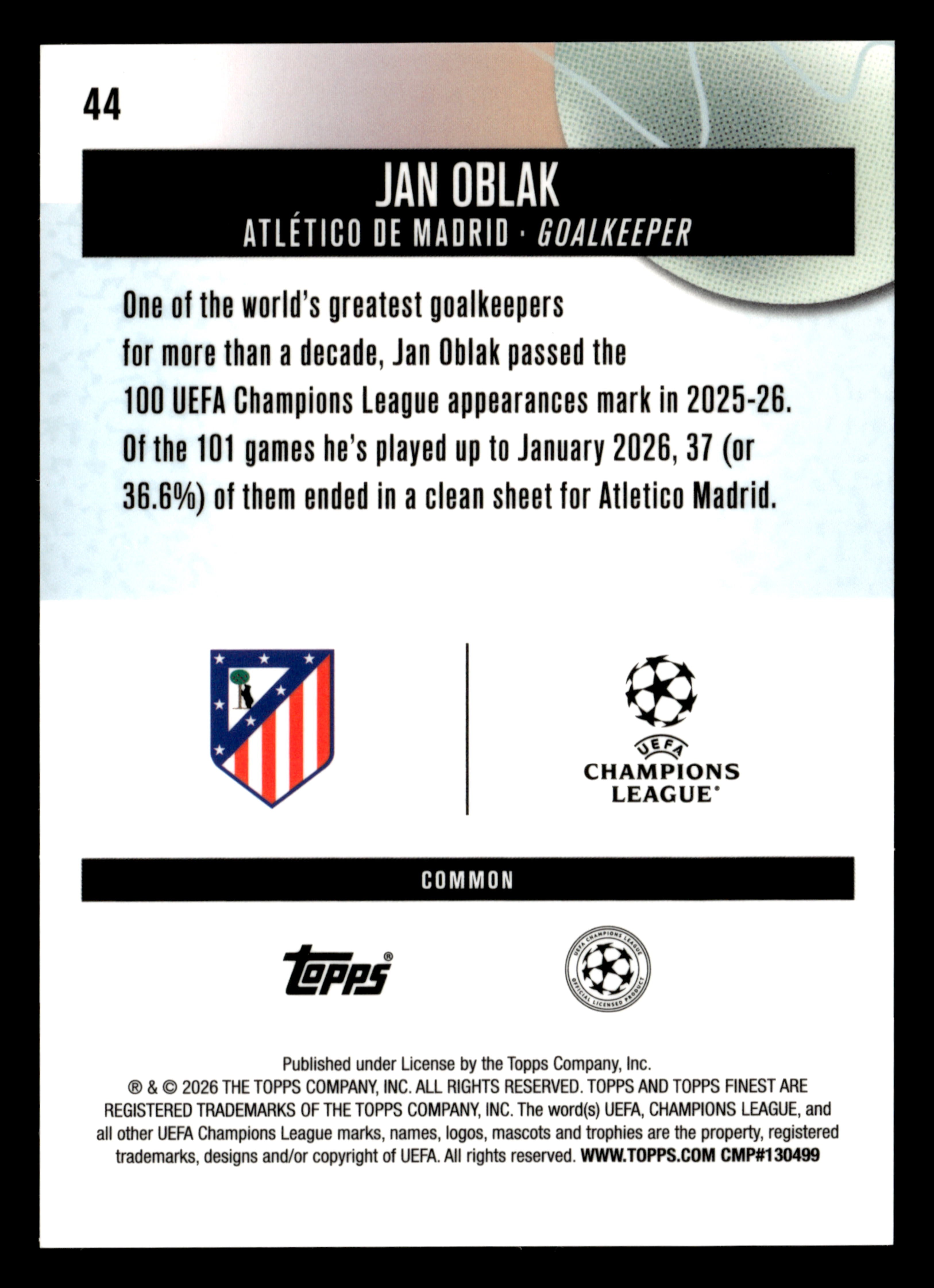 2025-26 Finest UEFA Club Competitions #44 Jan Oblak Blue Refractor #/200