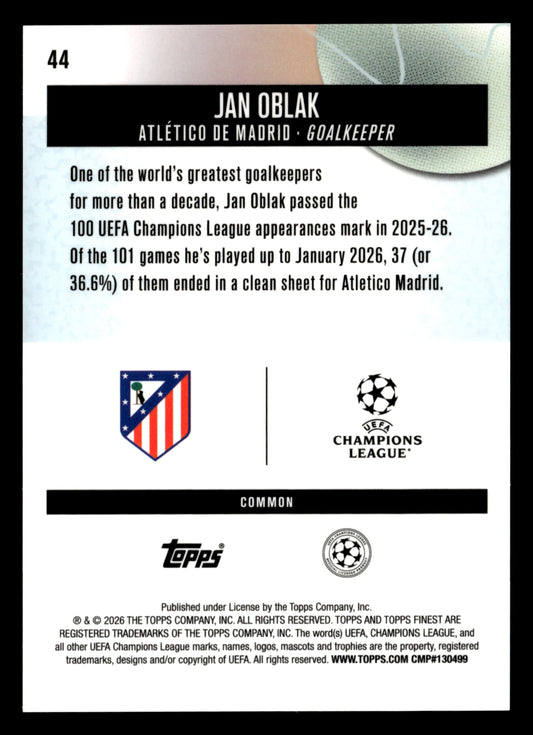 2025-26 Finest UEFA Club Competitions #44 Jan Oblak Blue Refractor #/200