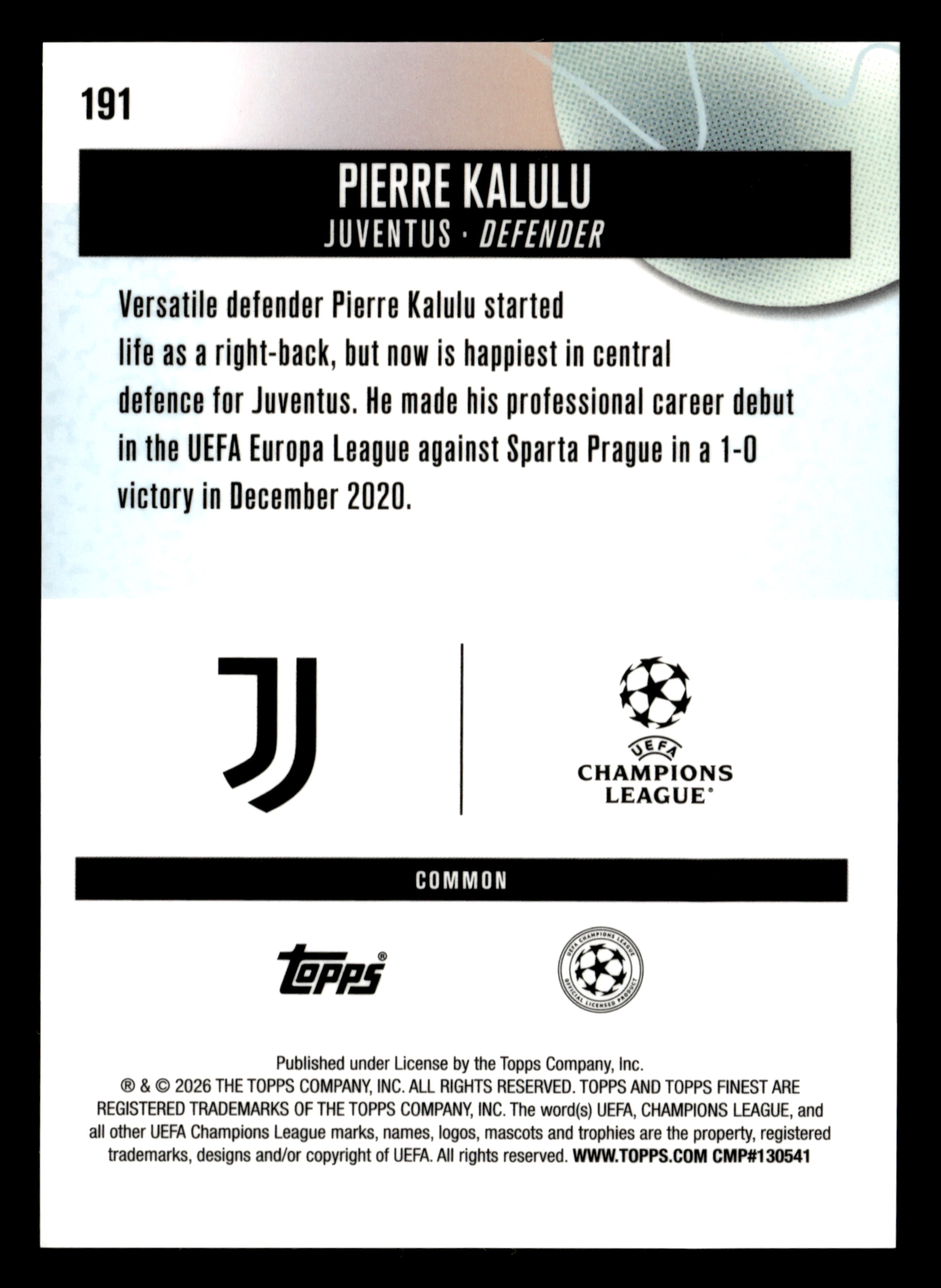 2025-26 Finest UEFA Club Competitions #191 Pierre Kalulu Green Refractor #/75