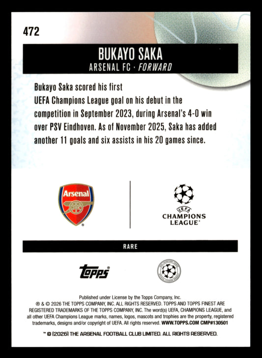 2025-26 Finest UEFA Club Competitions #472 Bukayo Saka Green Refractor #/25