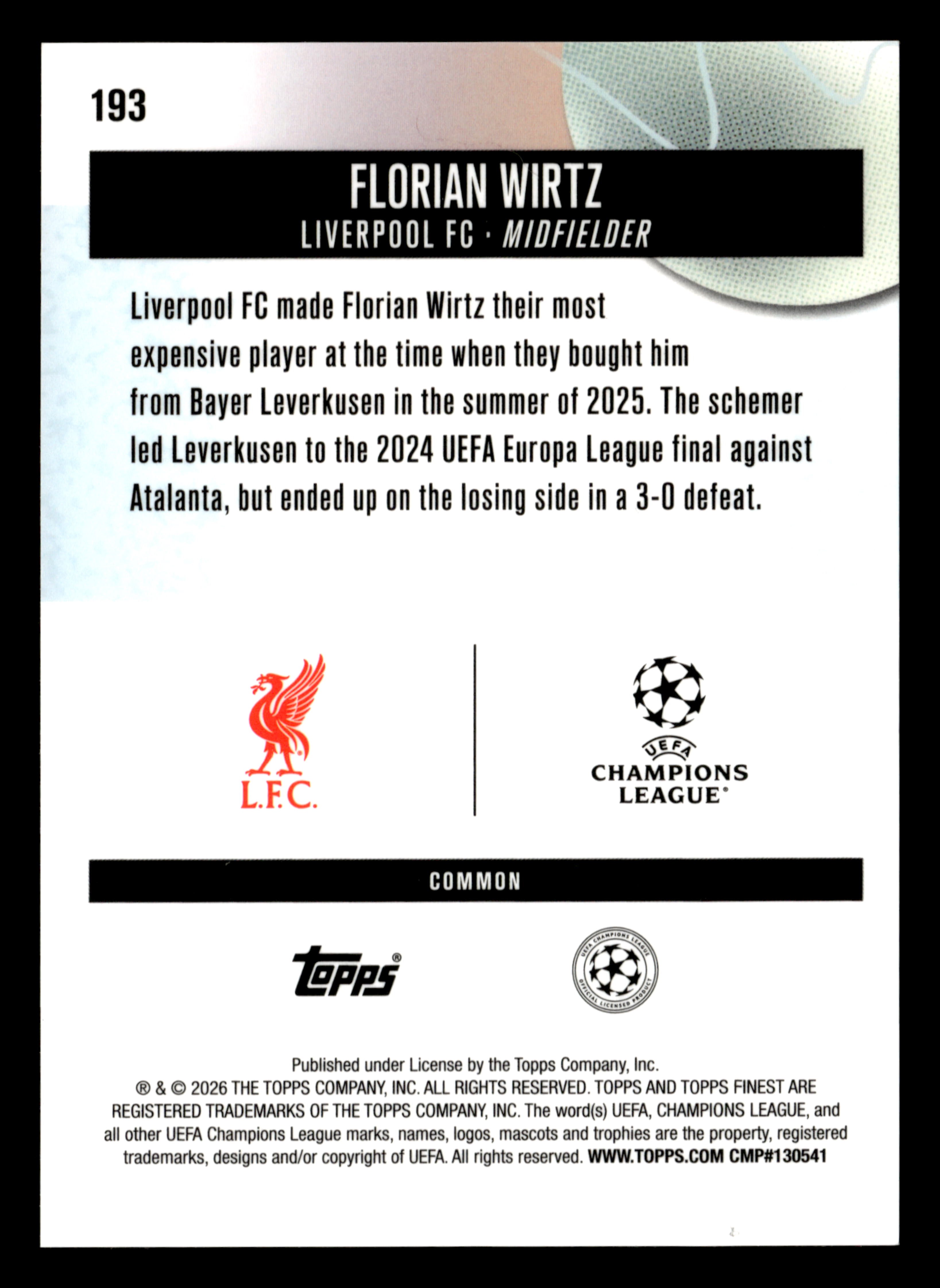 2025-26 Finest UEFA Club Competitions #193 Florian Wirtz Orange Refractor #/25