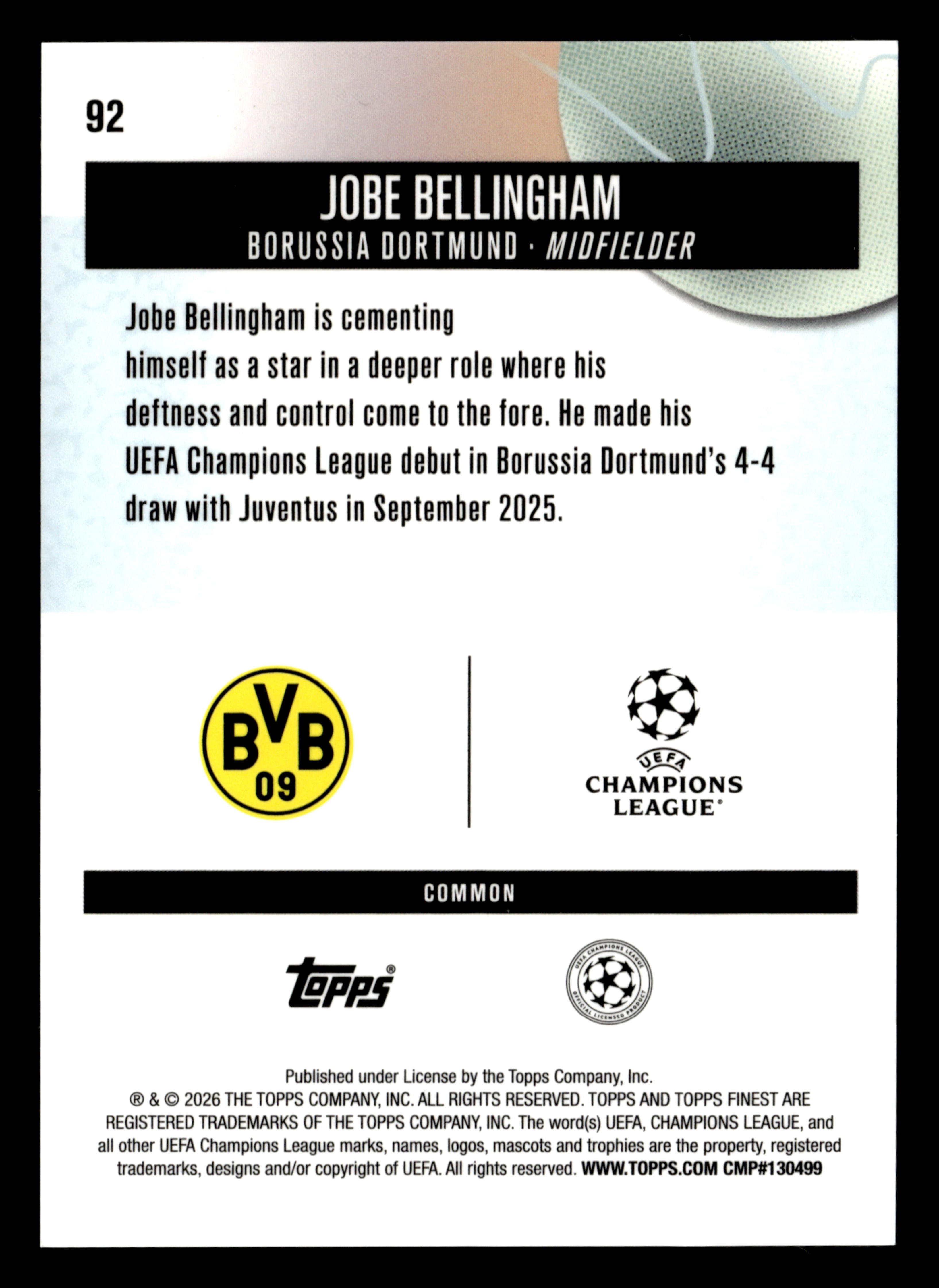2025-26 Finest UEFA Club Competitions #92 Jobe Bellingham Black Refractor #/20
