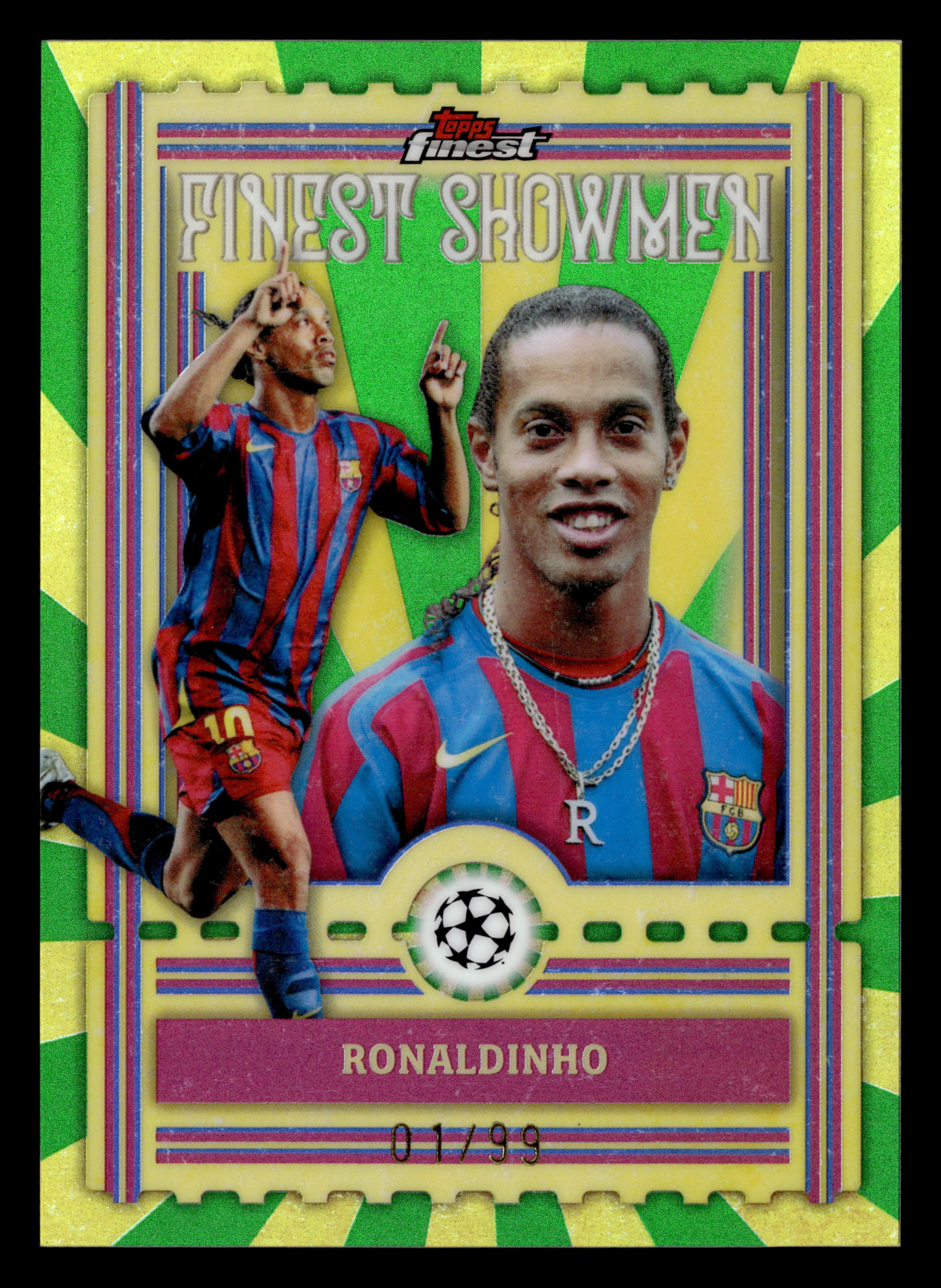 2025-26 Finest UCC #FS-21 Ronaldinho Finest Showmen Green Refractor #/99