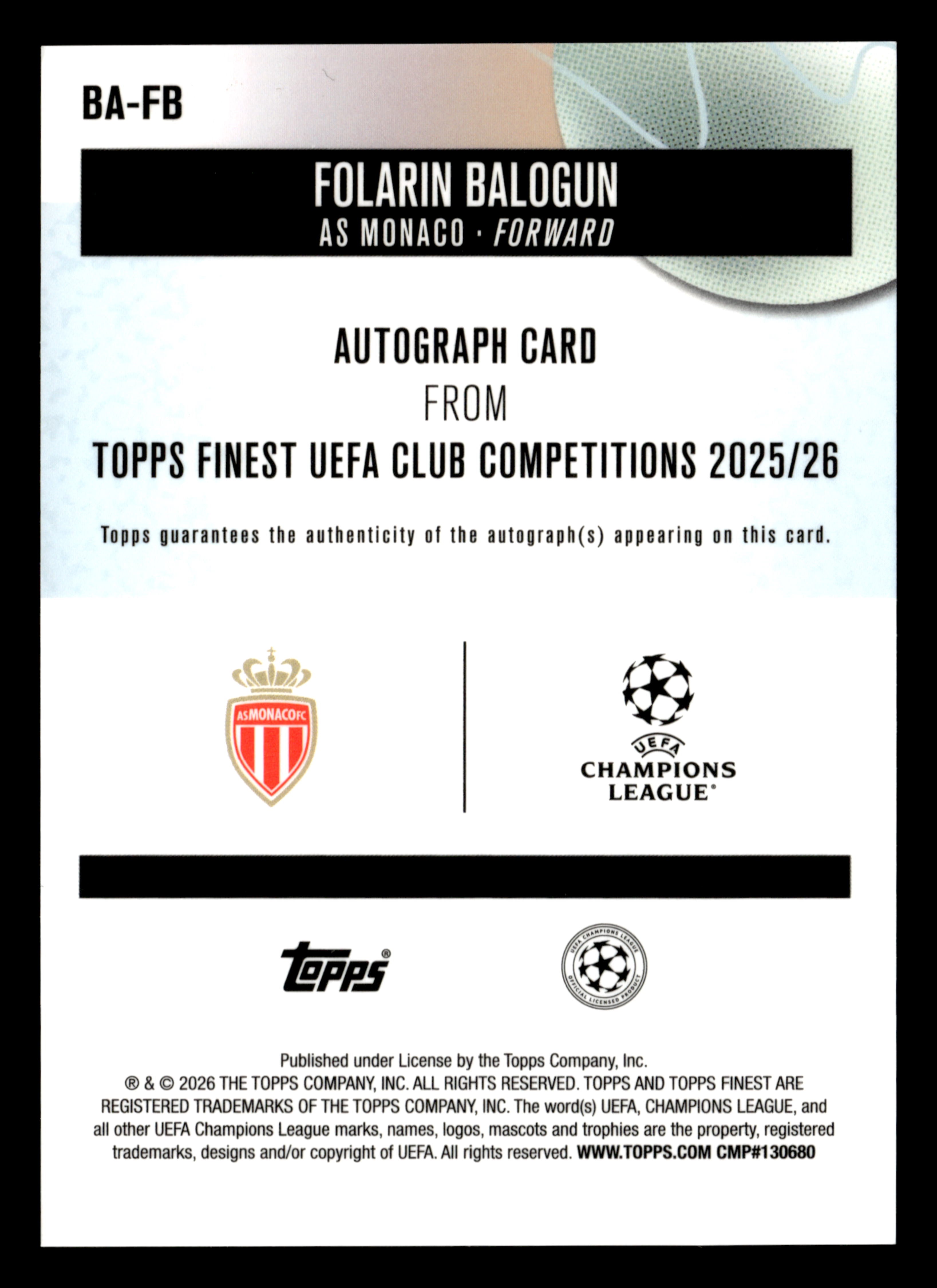 2025-26 Finest UCC #BA-FB Folarin Balogun Base Autographs Pink Refractor #/250