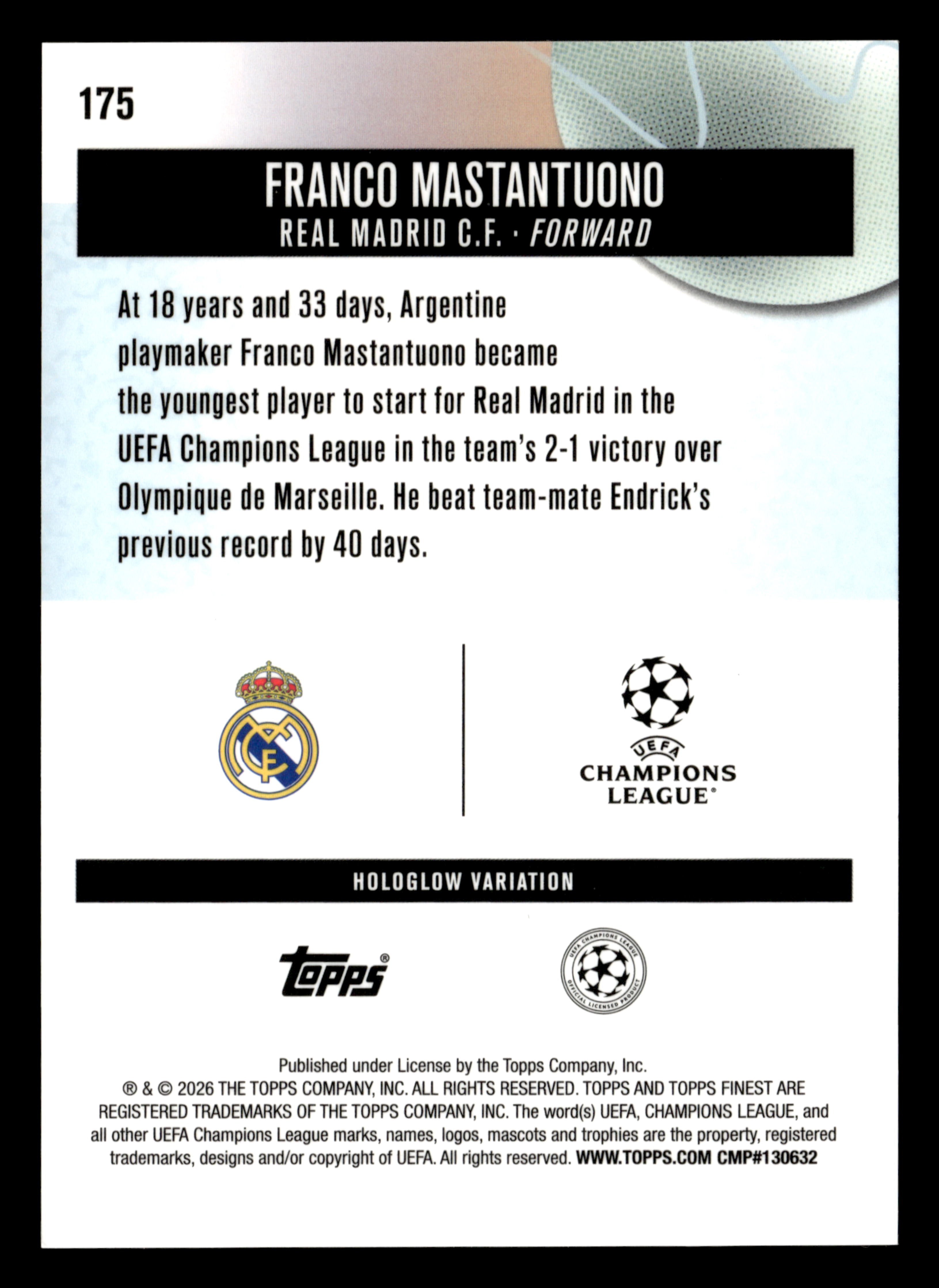 2025-26 Finest UCC #175 Franco Mastantuono Base Hologlow Variations
