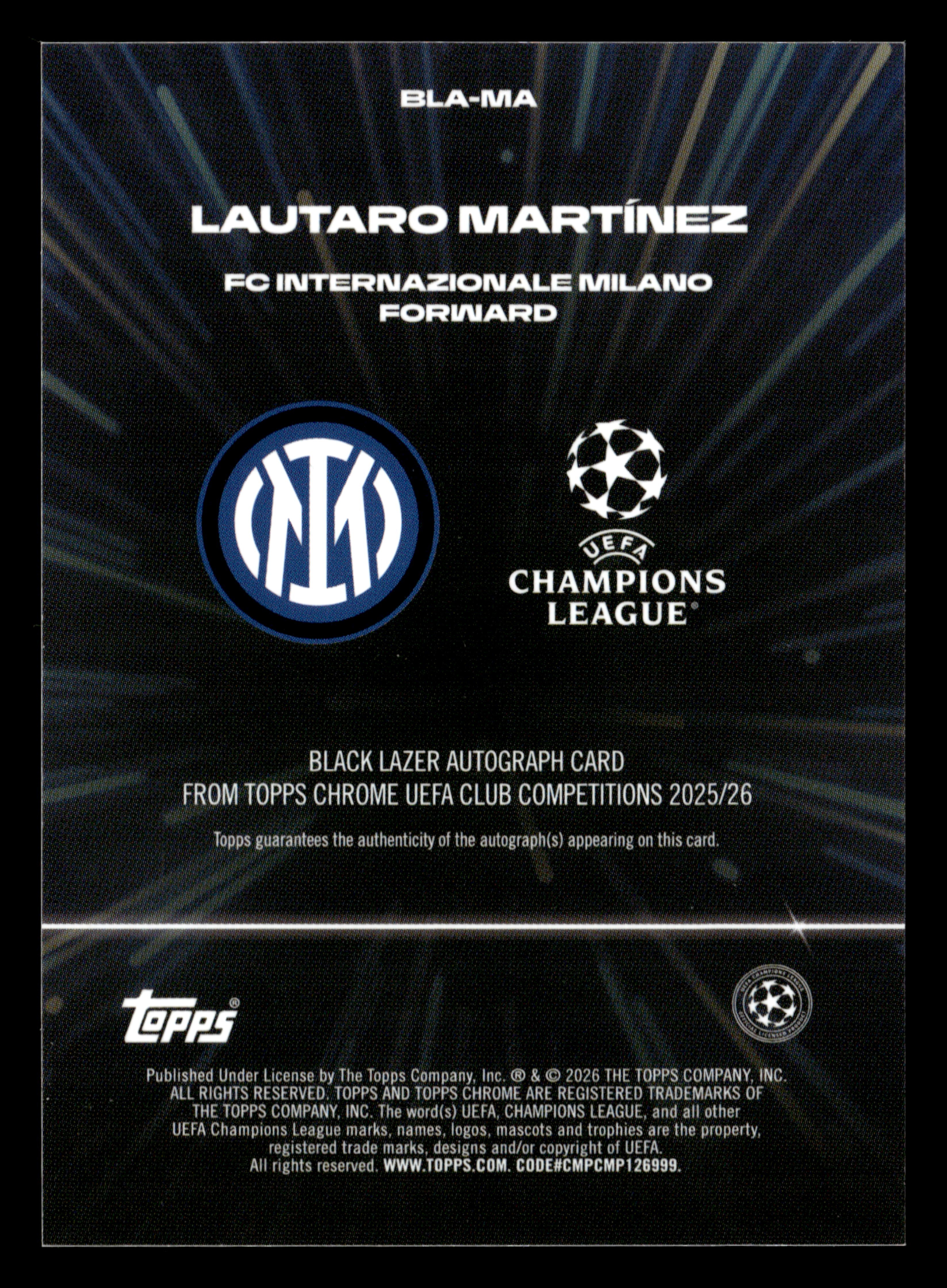 2025-26 Topps Chrome UCC #BLA-MA Lautaro Martínez Black/Gold Lazer #/50