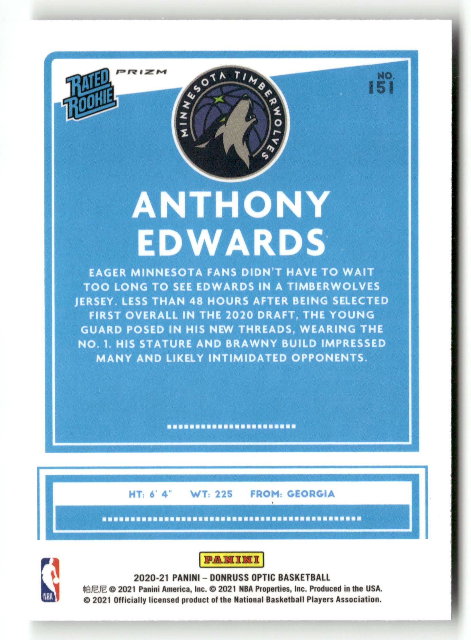 2020-21 Donruss Optic #151 Anthony Edwards Rated Rookies Disco Prizm