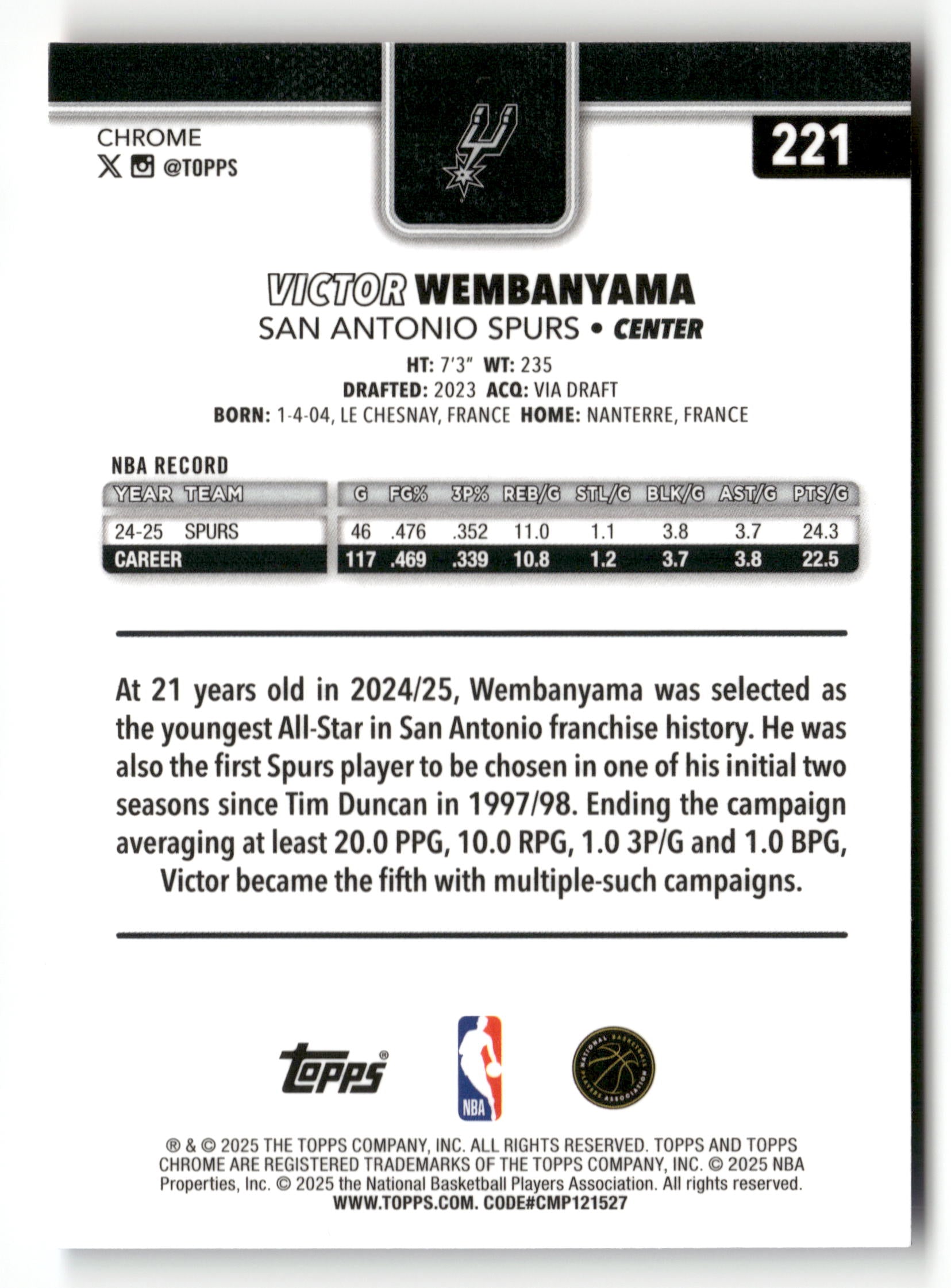 2025-26 Topps Chrome #221 Victor Wembanyama Red White and Blue Refractor
