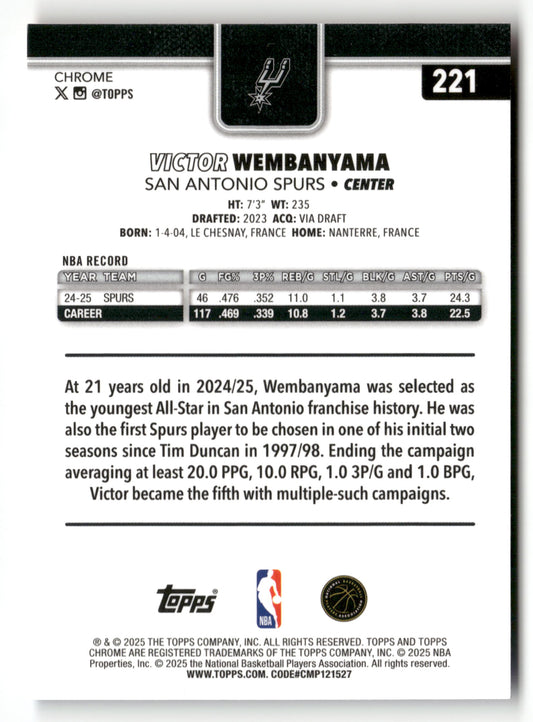2025-26 Topps Chrome #221 Victor Wembanyama Red White and Blue Refractor